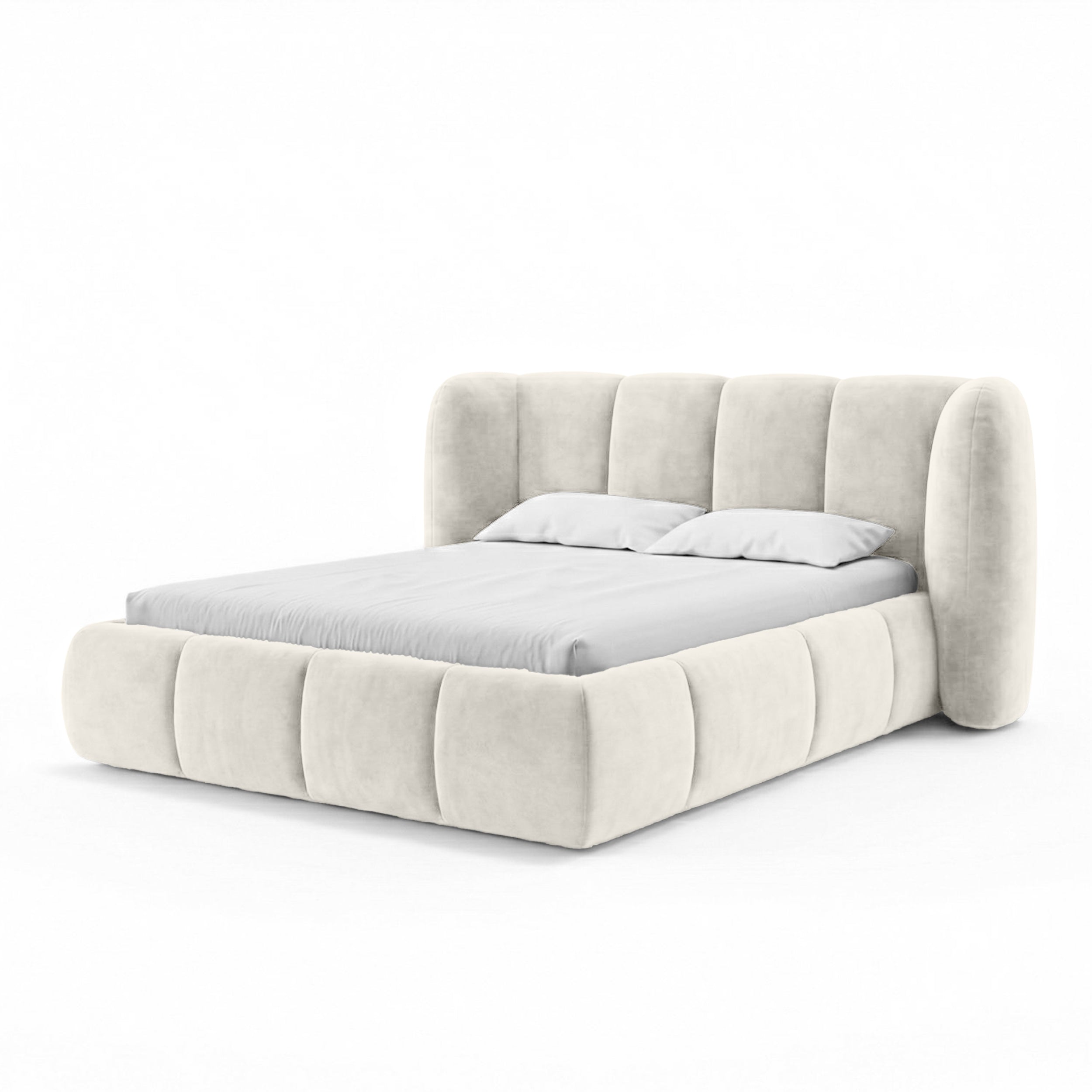 Upholstered bed with vertical tufting and storage in a soft modern style | Ventara
