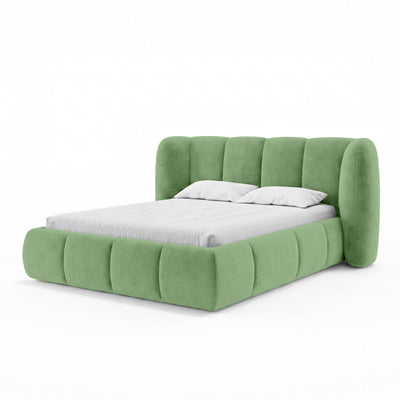 Upholstered bed with vertical tufting and storage in a soft modern style | Ventara