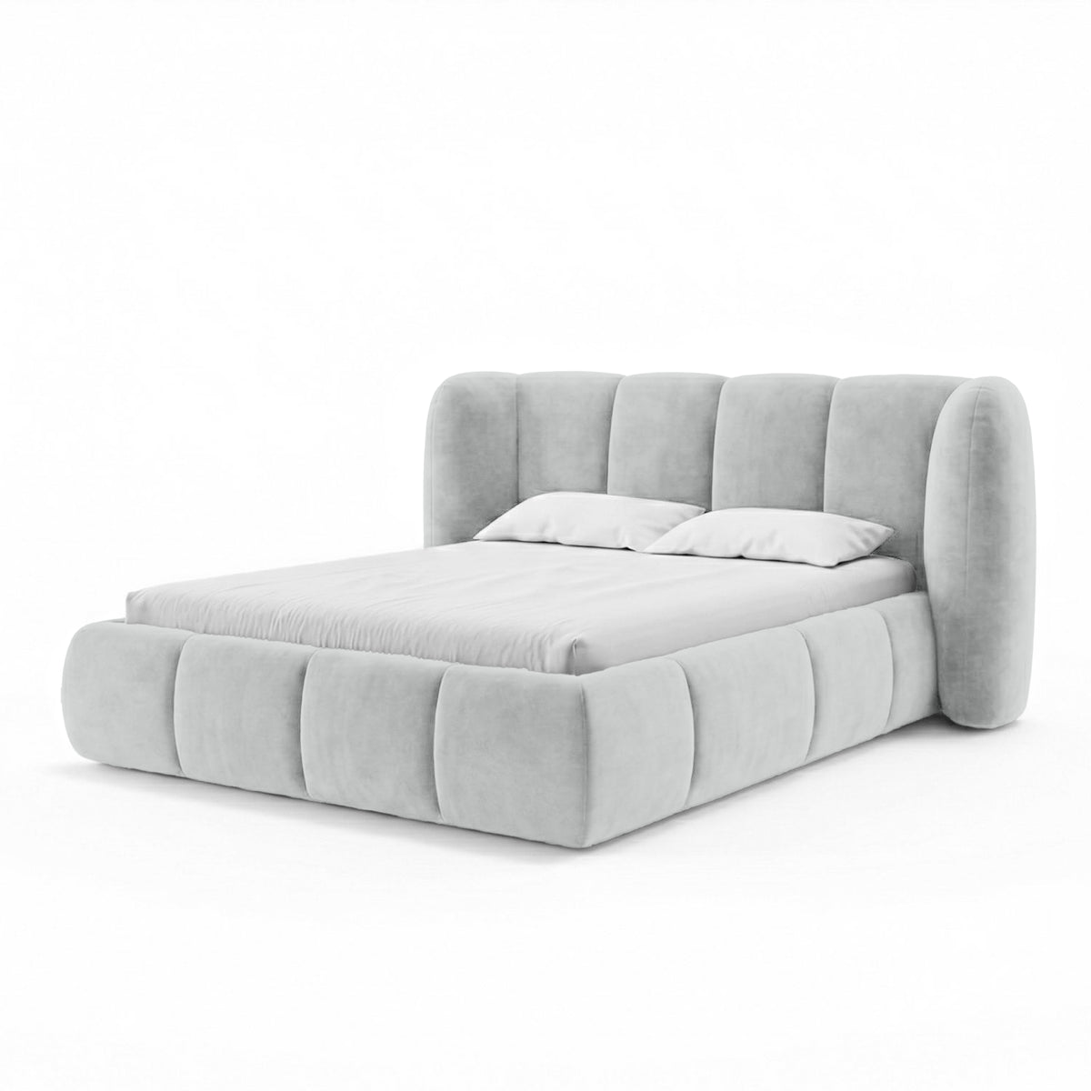 Upholstered bed with vertical tufting and storage in a soft modern style | Ventara