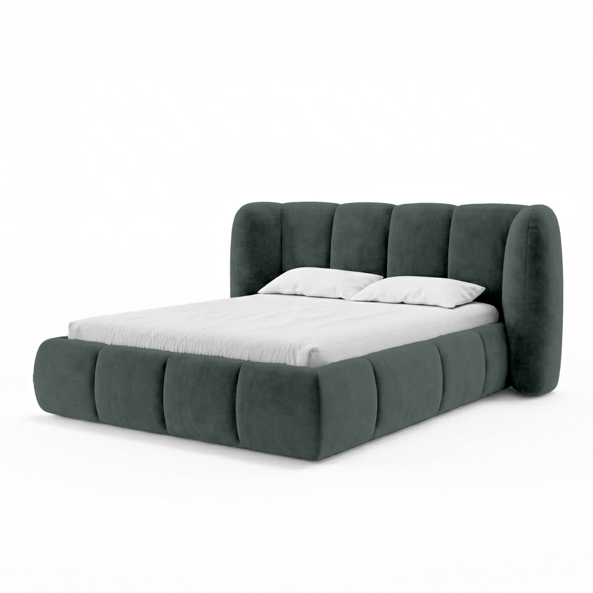 Upholstered bed with vertical tufting and storage in a soft modern style | Ventara