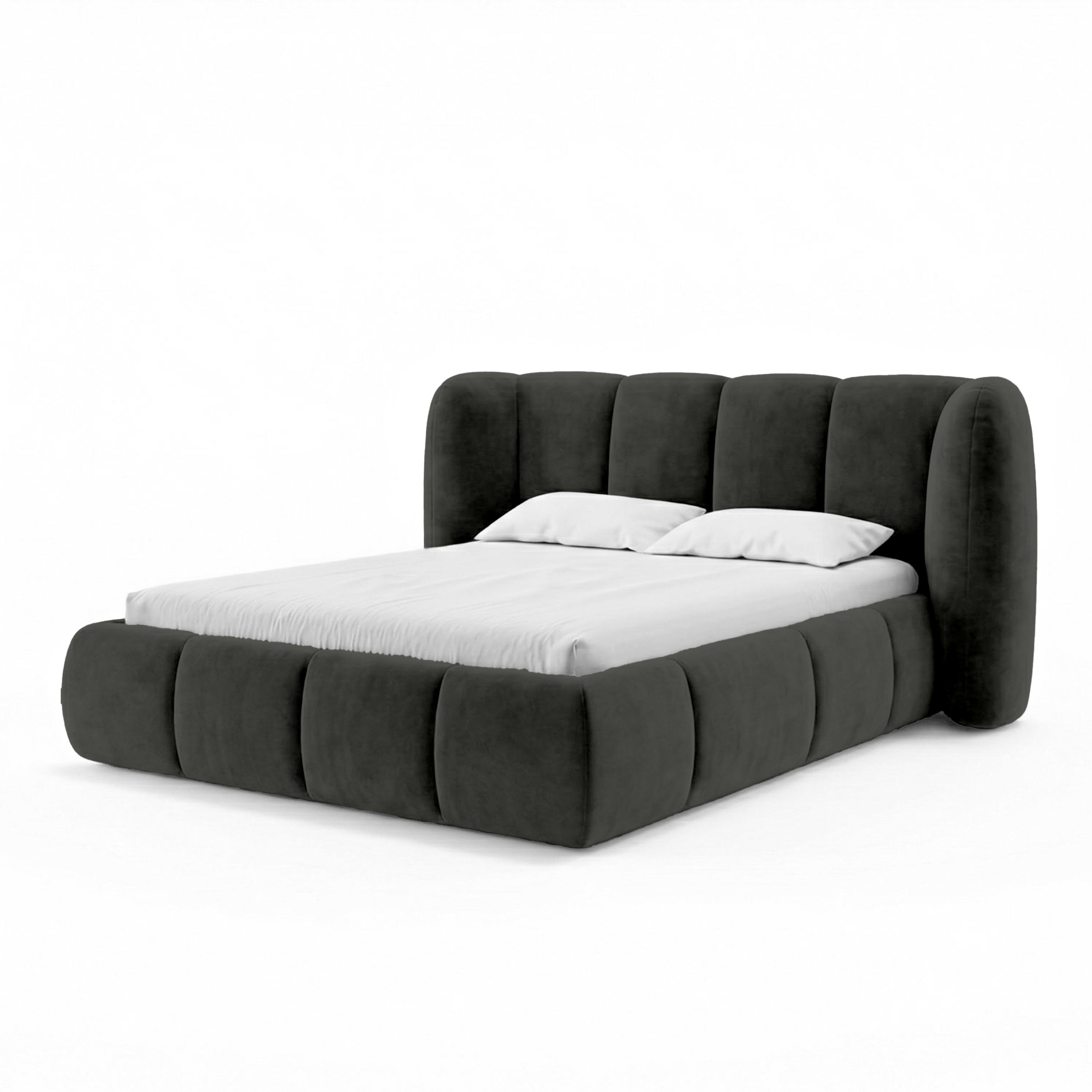 Upholstered bed with vertical tufting and storage in a soft modern style | Ventara
