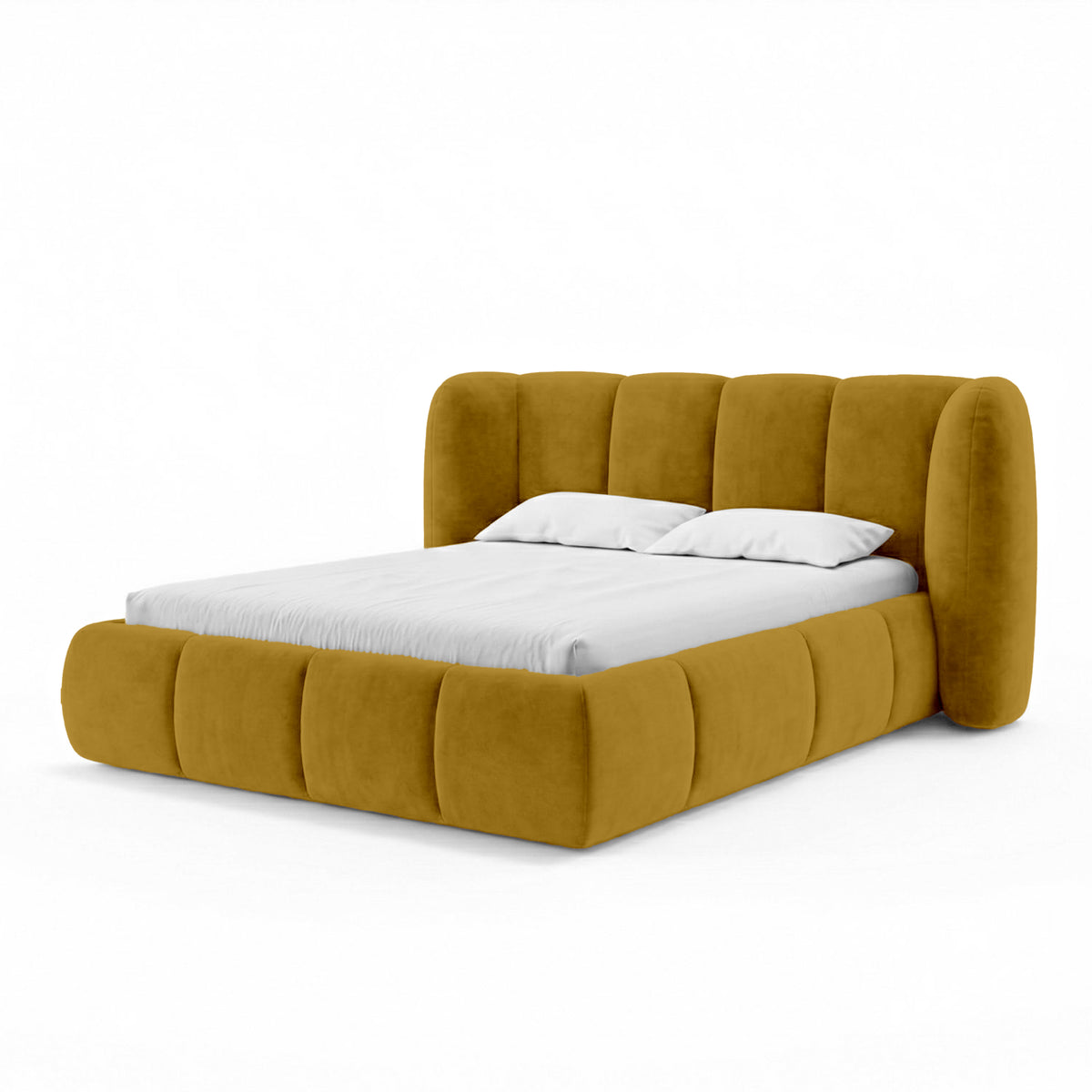 Upholstered bed with vertical tufting and storage in a soft modern style | Ventara