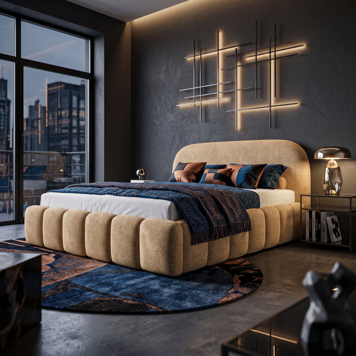 Upholstered bed with storage in a modern soft style, Monte fabric | Tegell
