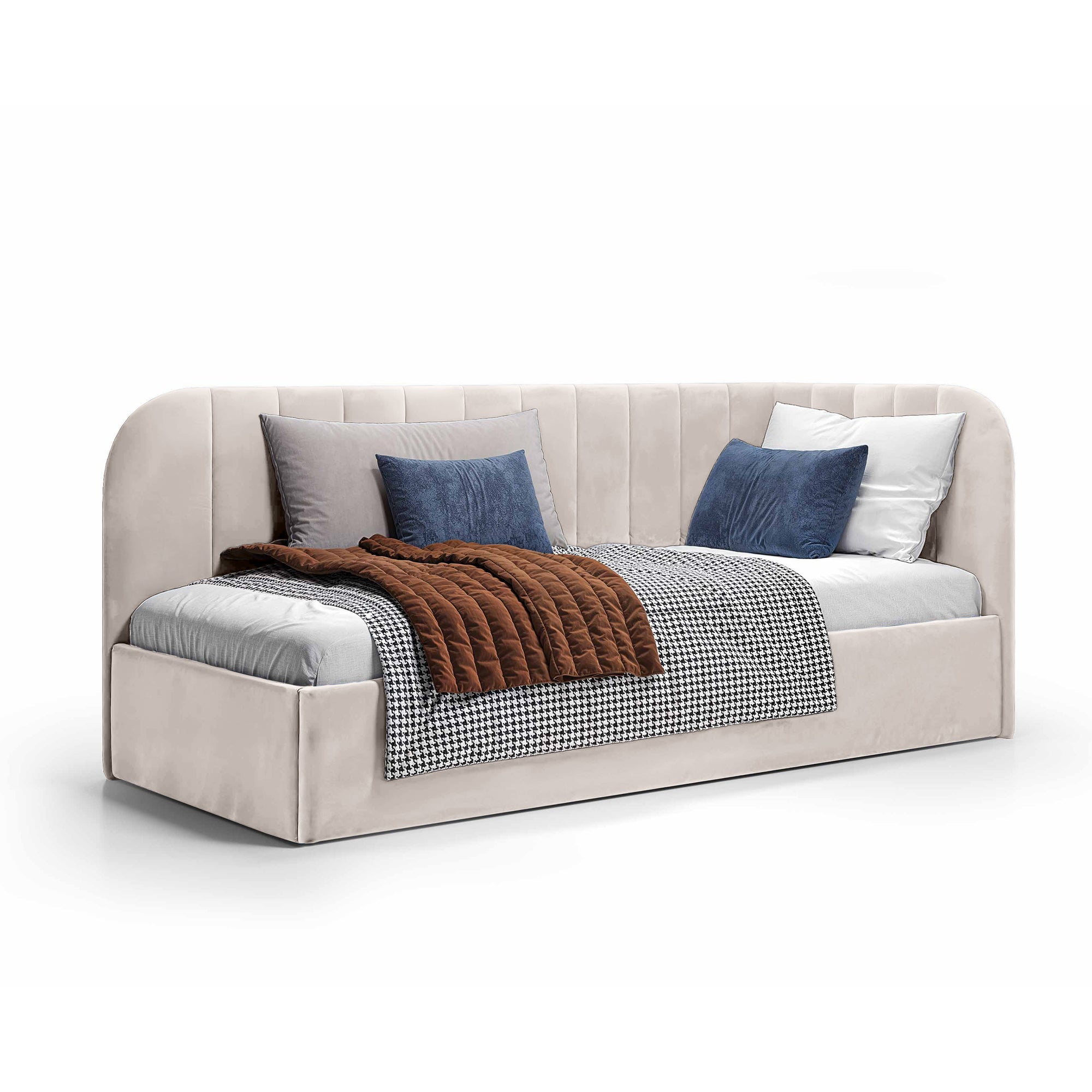 Łóżko narożne z pojemnikiem 101x212 w stylu skandynawskim – tapicerowane, miękkie zagłówki | Mily Lewo Porcelanowy Obłok (SALVADOR 01)