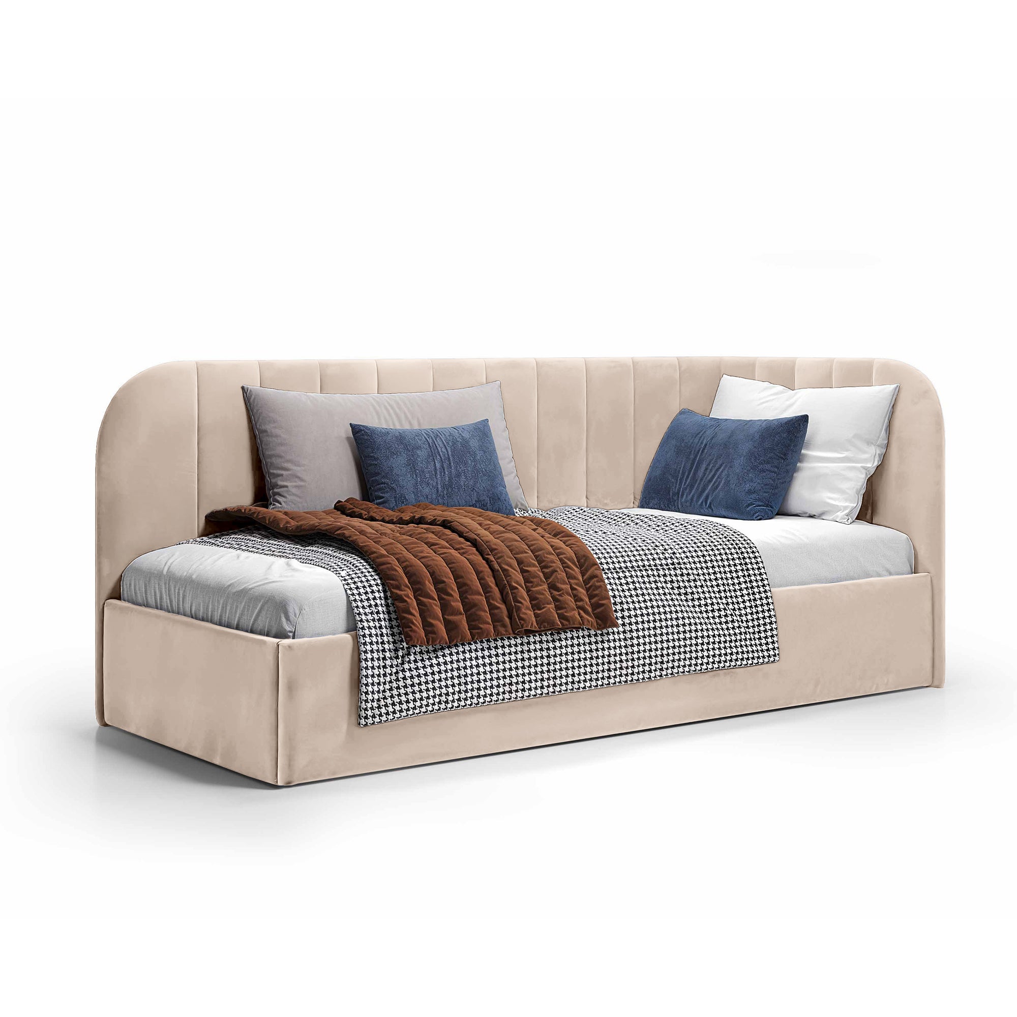 Łóżko narożne z pojemnikiem 101x212 w stylu skandynawskim – tapicerowane, miękkie zagłówki | Mily Lewo Beżowa Glina (SALVADOR 02)