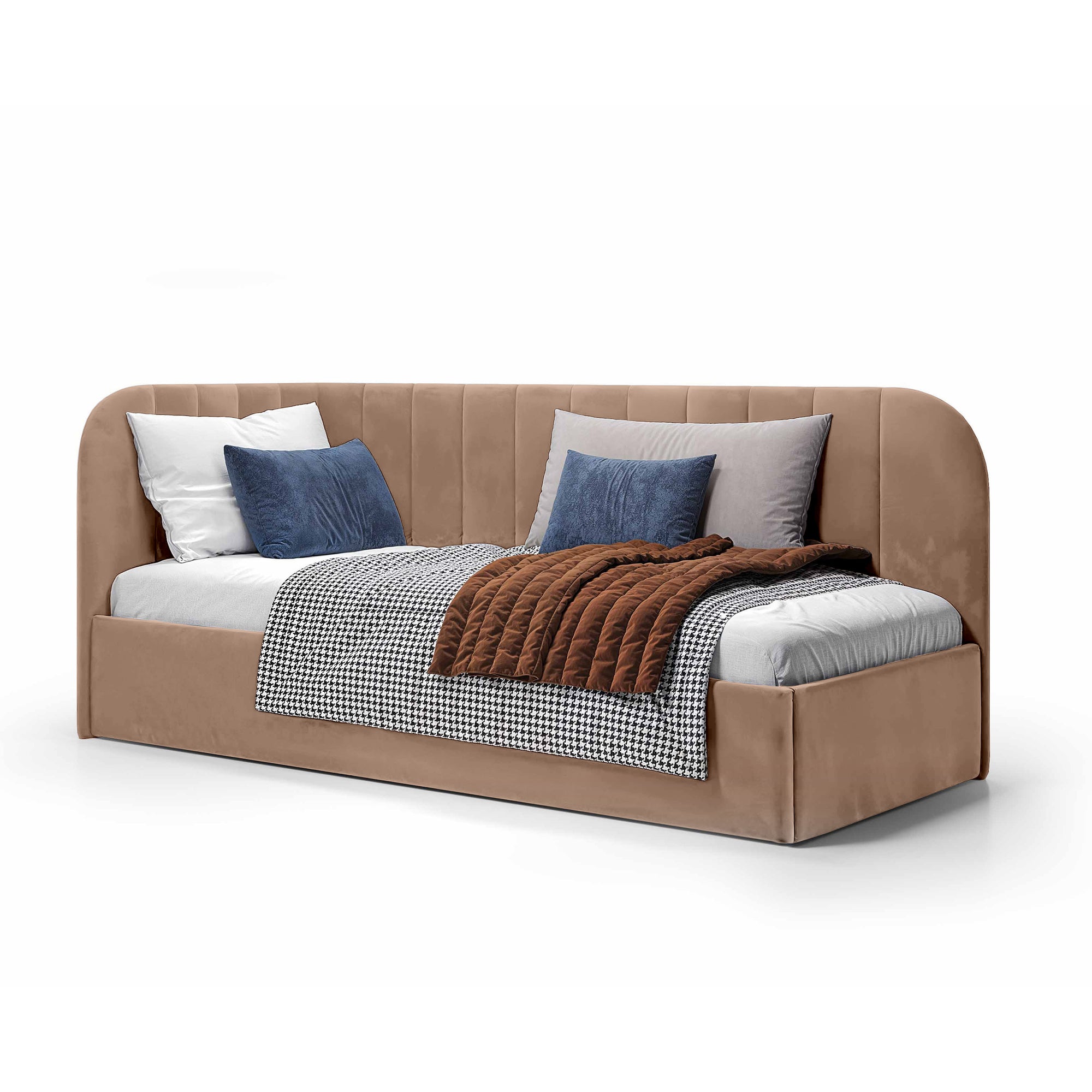 Łóżko narożne z pojemnikiem 101x212 w stylu skandynawskim – tapicerowane, miękkie zagłówki | Mily Prawo Orzechowy Piasek (SALVADOR 03)