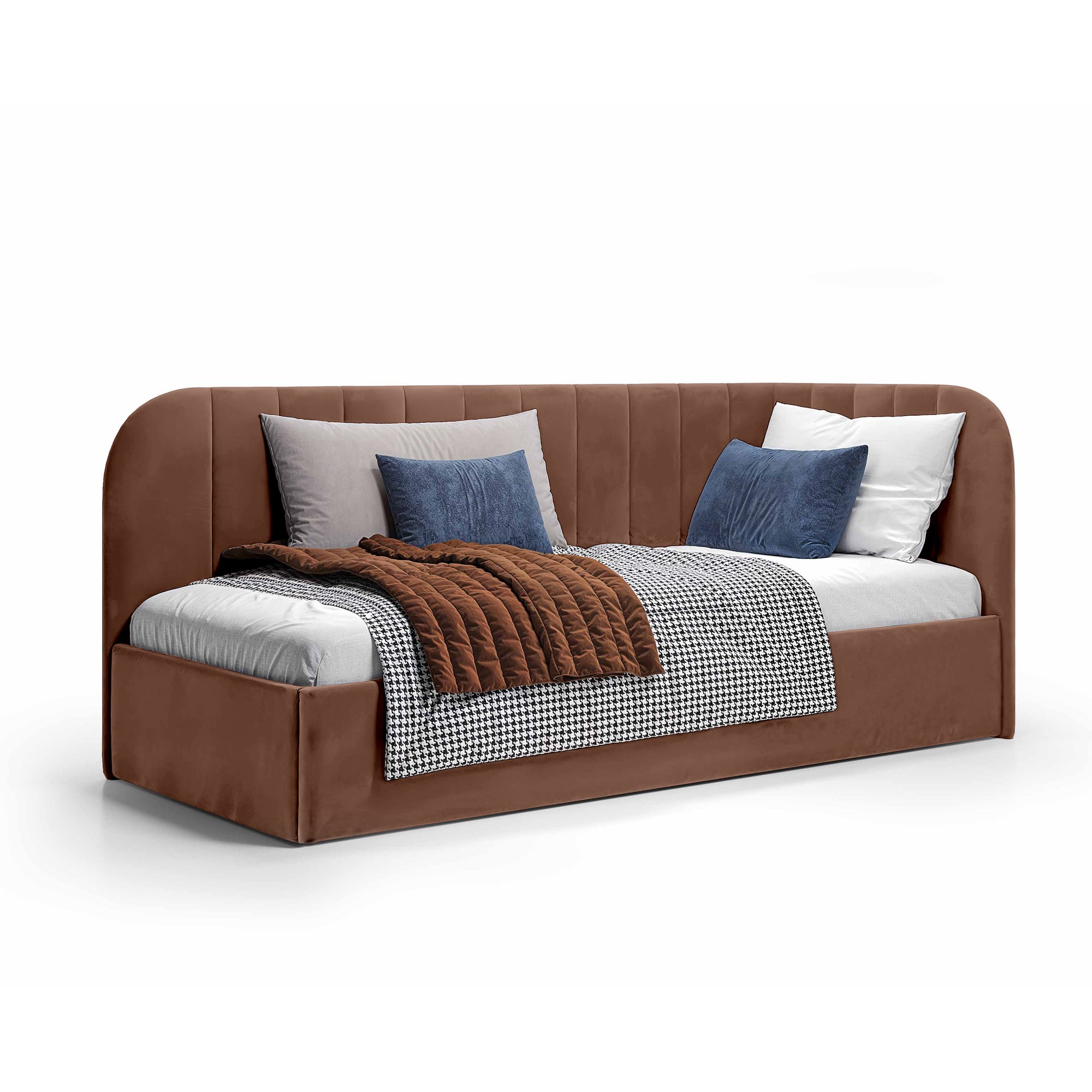 Łóżko narożne z pojemnikiem 101x212 w stylu skandynawskim – tapicerowane, miękkie zagłówki | Mily Lewo Cynamonowe Drewno (SALVADOR 04)