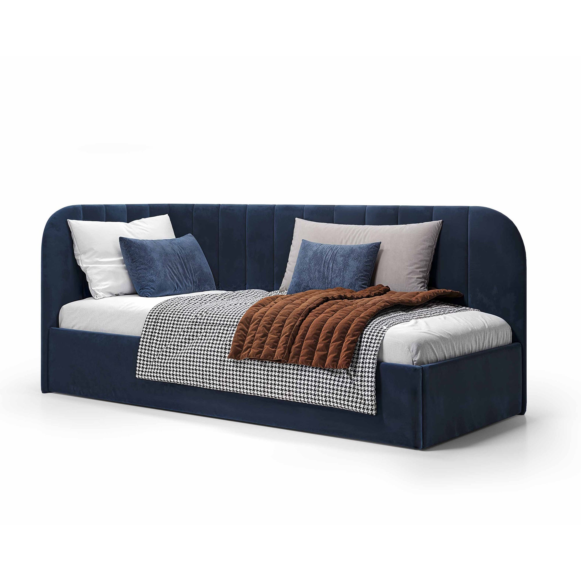 Łóżko narożne z pojemnikiem 101x212 w stylu skandynawskim – tapicerowane, miękkie zagłówki | Mily Prawo Atramentowy Kamień (SALVADOR 05)