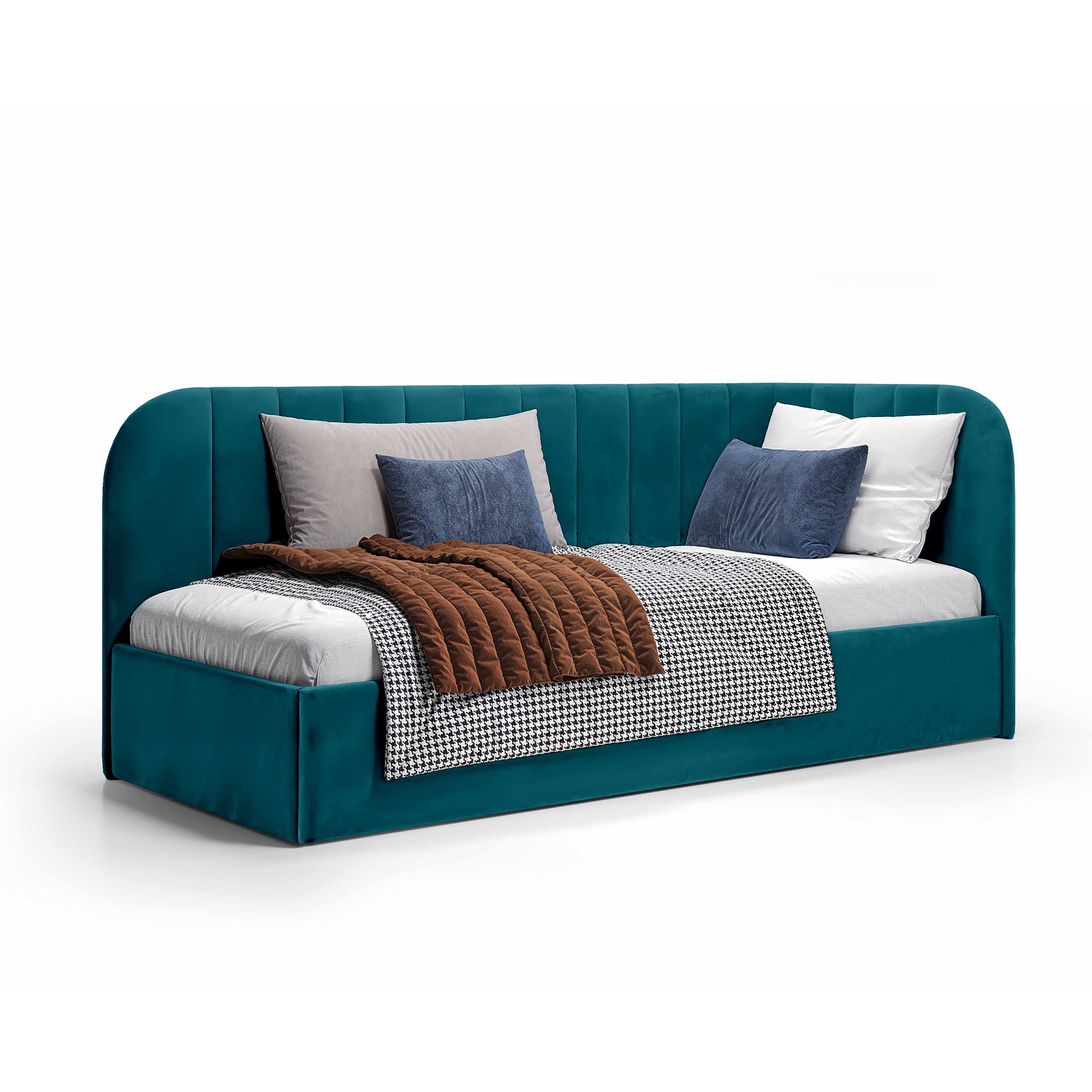 Łóżko narożne z pojemnikiem 101x212 w stylu skandynawskim – tapicerowane, miękkie zagłówki | Mily Lewo Szmaragdowy Strumień (SALVADOR 06)