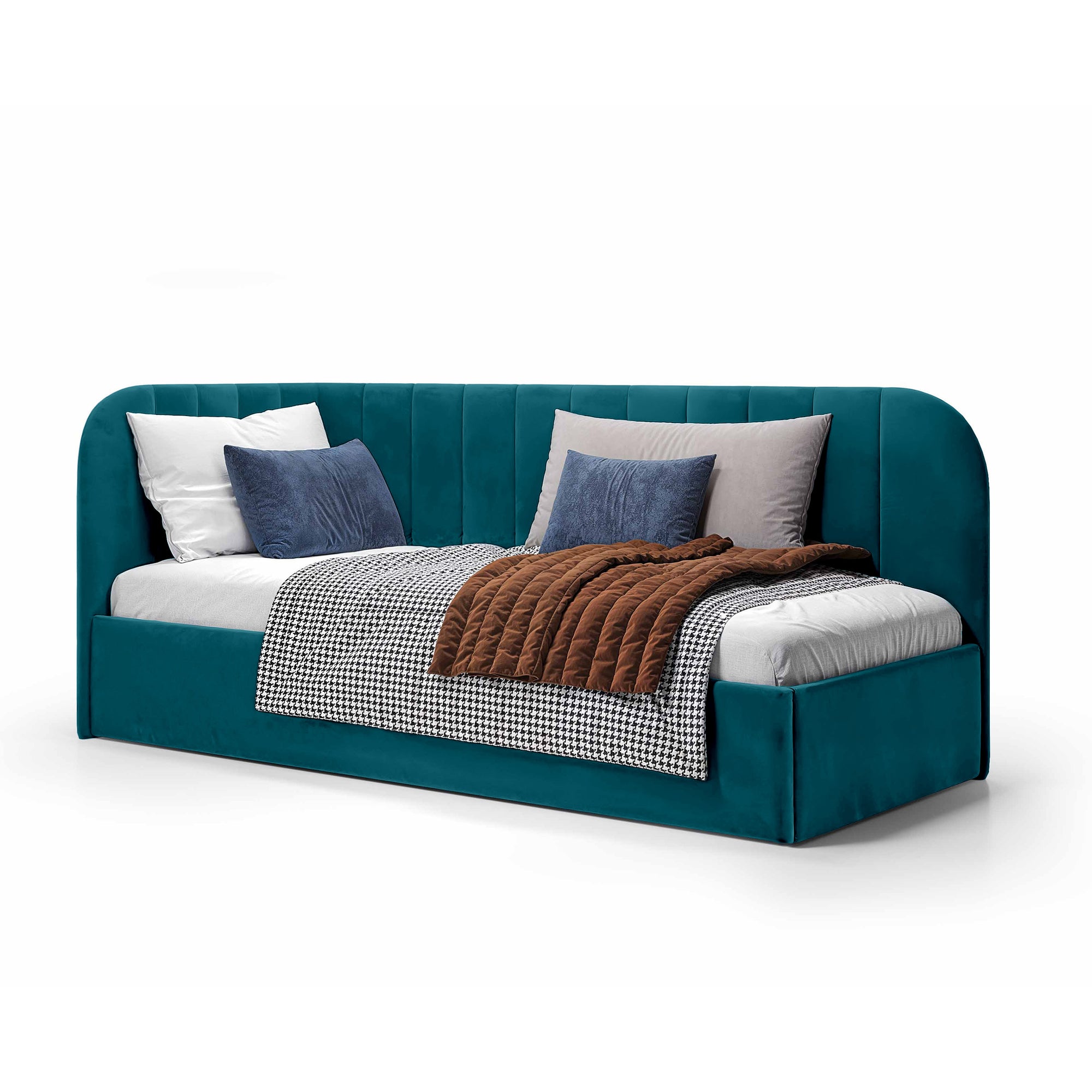 Łóżko narożne z pojemnikiem 101x212 w stylu skandynawskim – tapicerowane, miękkie zagłówki | Mily Prawo Szmaragdowy Strumień (SALVADOR 06)