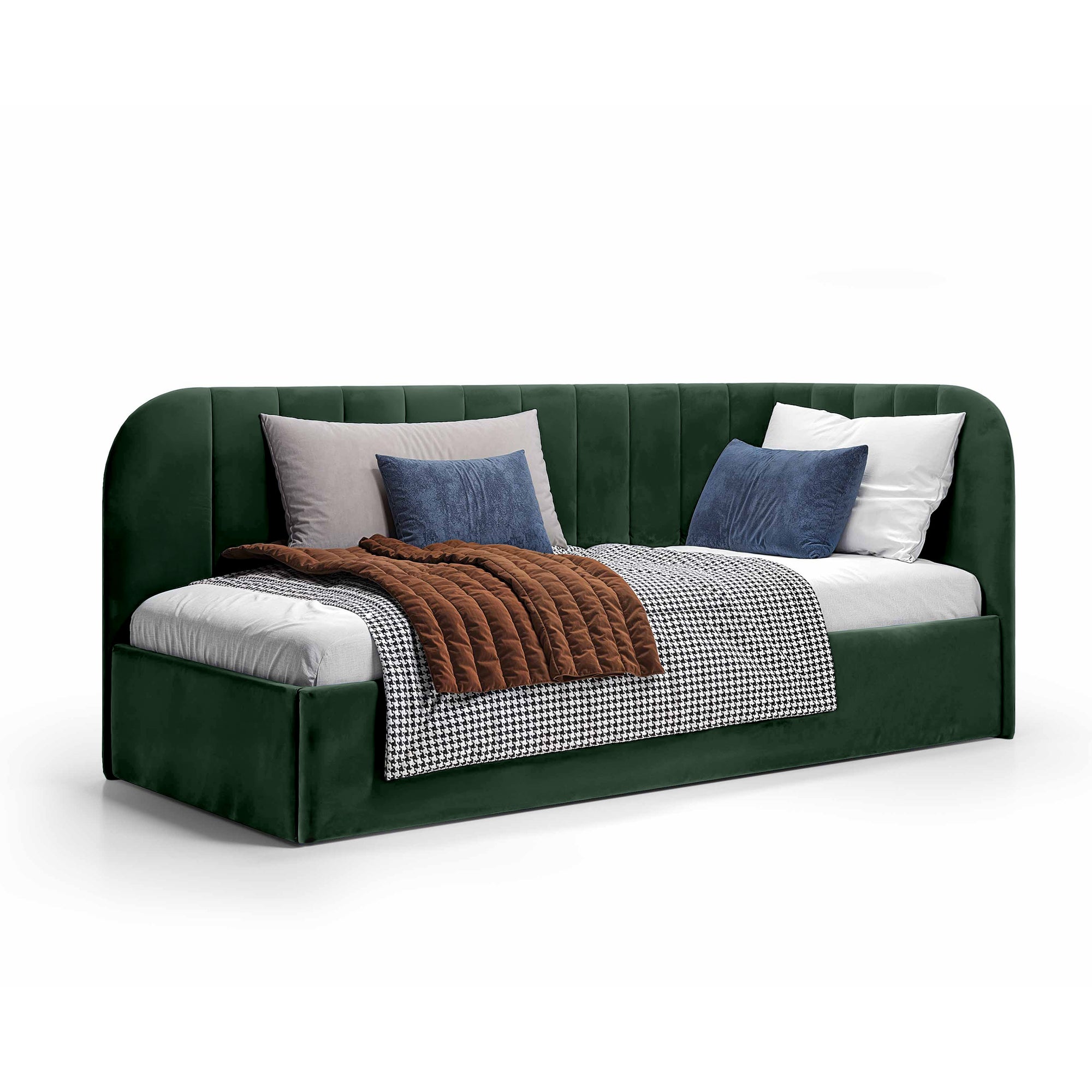 Łóżko narożne z pojemnikiem 101x212 w stylu skandynawskim – tapicerowane, miękkie zagłówki | Mily Lewo Zielony Mrok (SALVADOR 07)