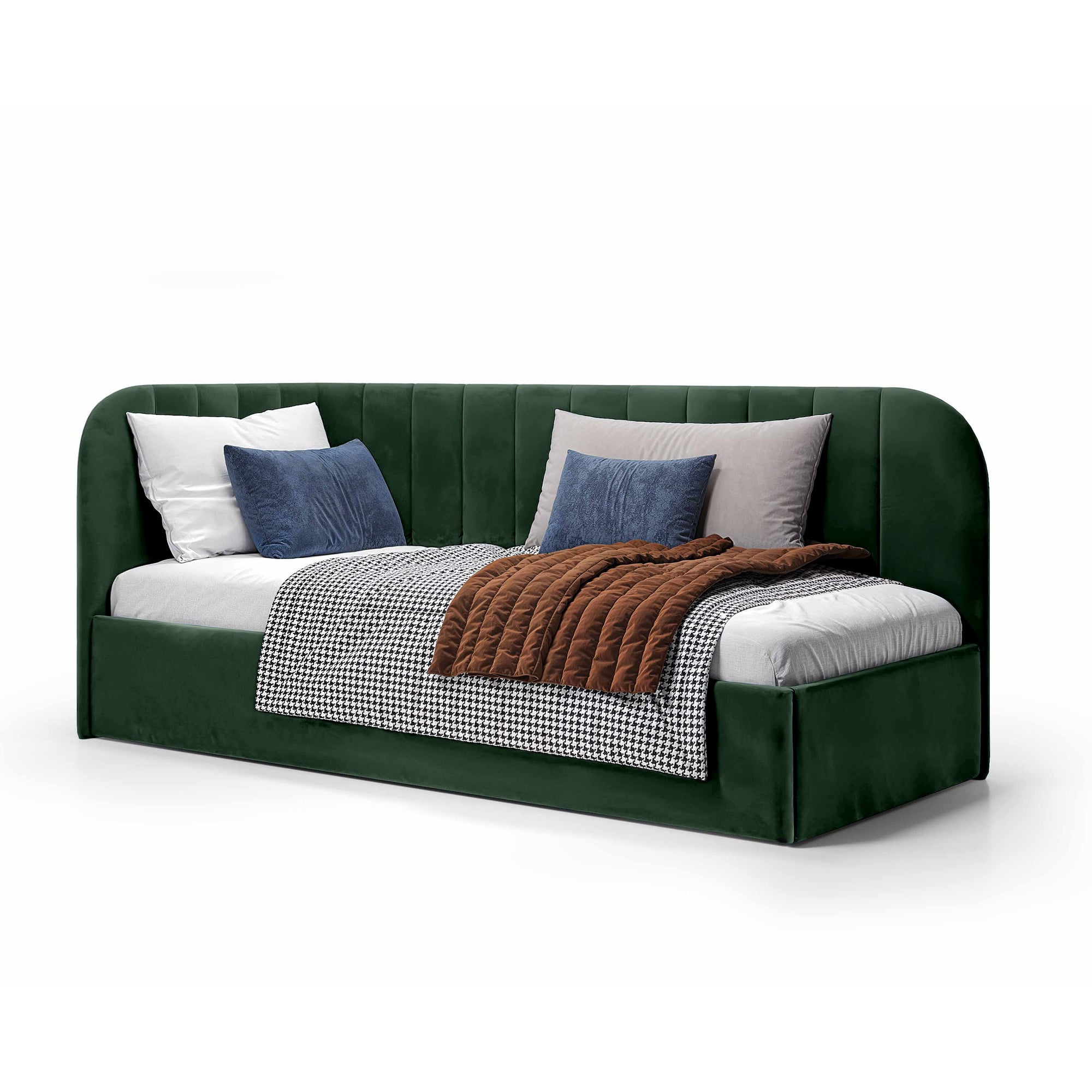 Łóżko narożne z pojemnikiem 101x212 w stylu skandynawskim – tapicerowane, miękkie zagłówki | Mily Prawo Zielony Mrok (SALVADOR 07)