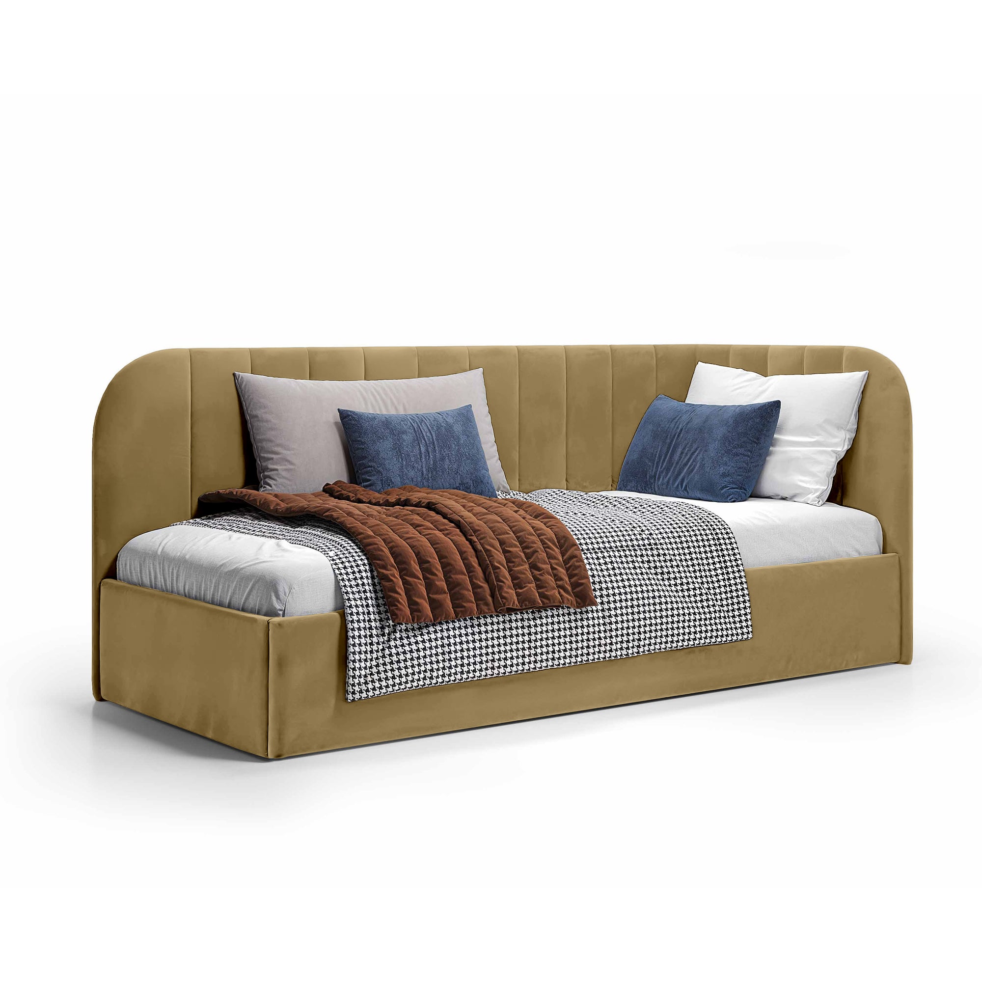 Łóżko narożne z pojemnikiem 101x212 w stylu skandynawskim – tapicerowane, miękkie zagłówki | Mily Lewo Złocista Sepia (SALVADOR 08)