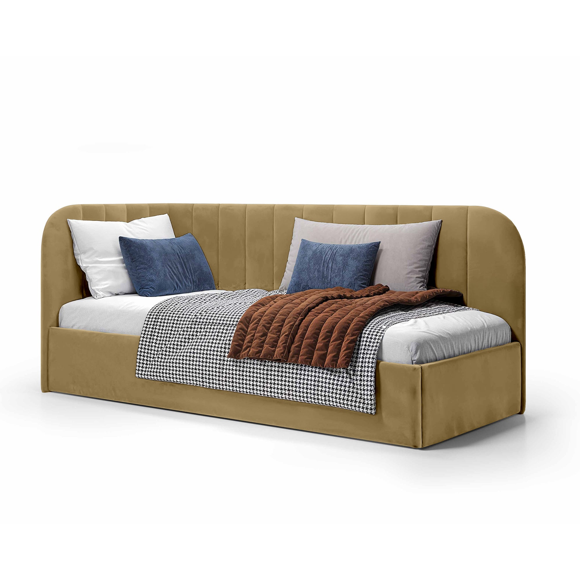 Łóżko narożne z pojemnikiem 101x212 w stylu skandynawskim – tapicerowane, miękkie zagłówki | Mily Prawo Złocista Sepia (SALVADOR 08)