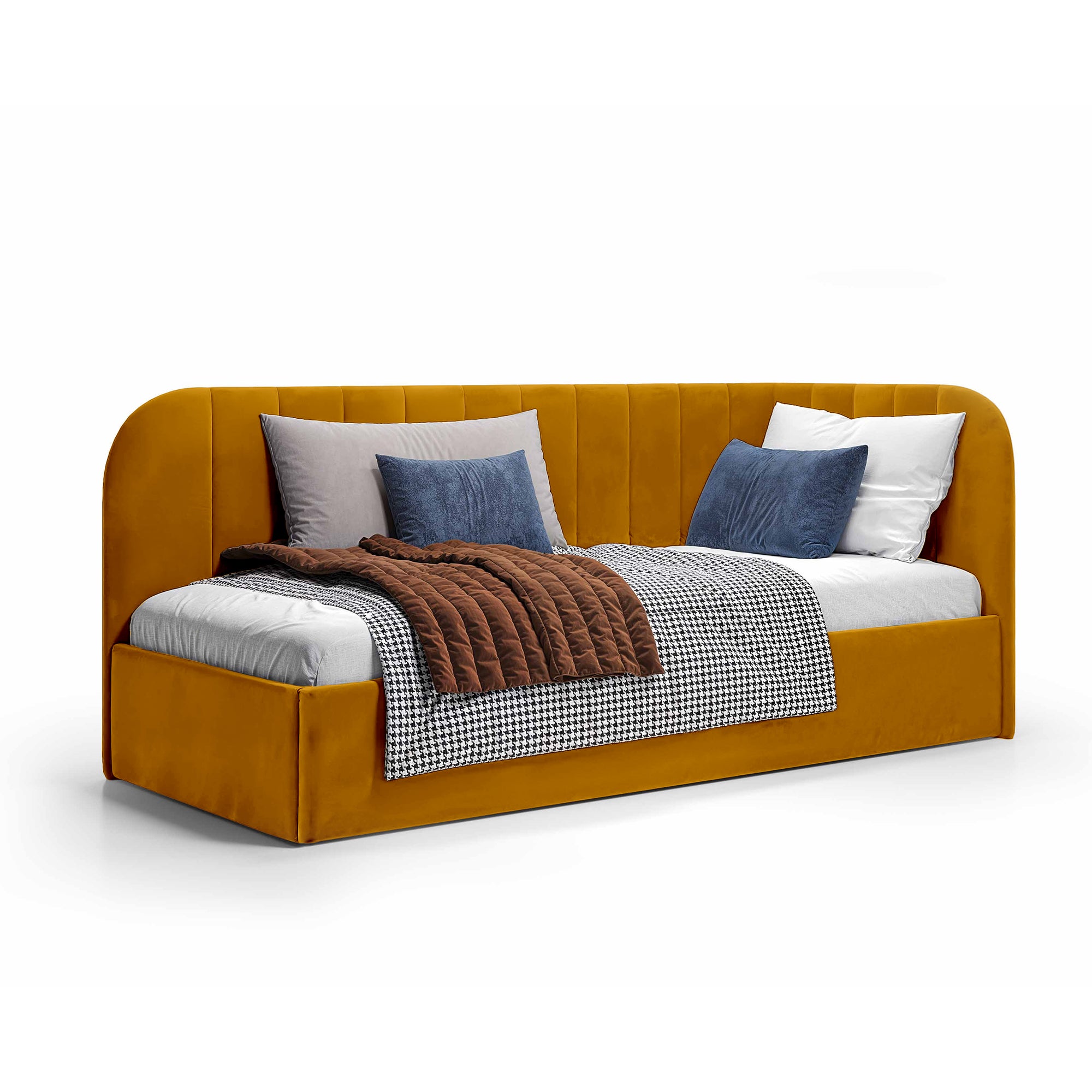 Łóżko narożne z pojemnikiem 101x212 w stylu skandynawskim – tapicerowane, miękkie zagłówki | Mily Lewo Bursztynowa Ochra (SALVADOR 09)