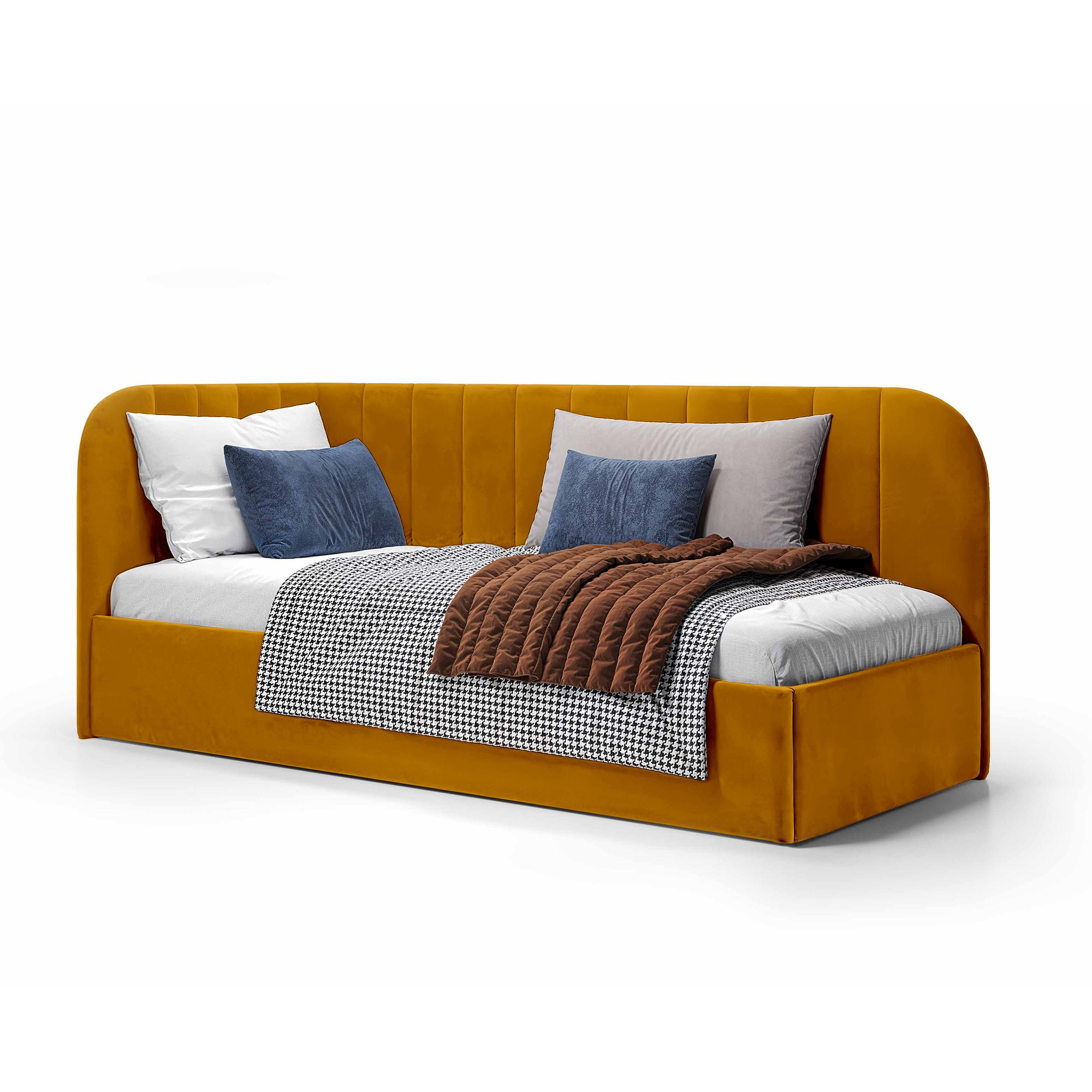 Łóżko narożne z pojemnikiem 101x212 w stylu skandynawskim – tapicerowane, miękkie zagłówki | Mily Prawo Bursztynowa Ochra (SALVADOR 09)