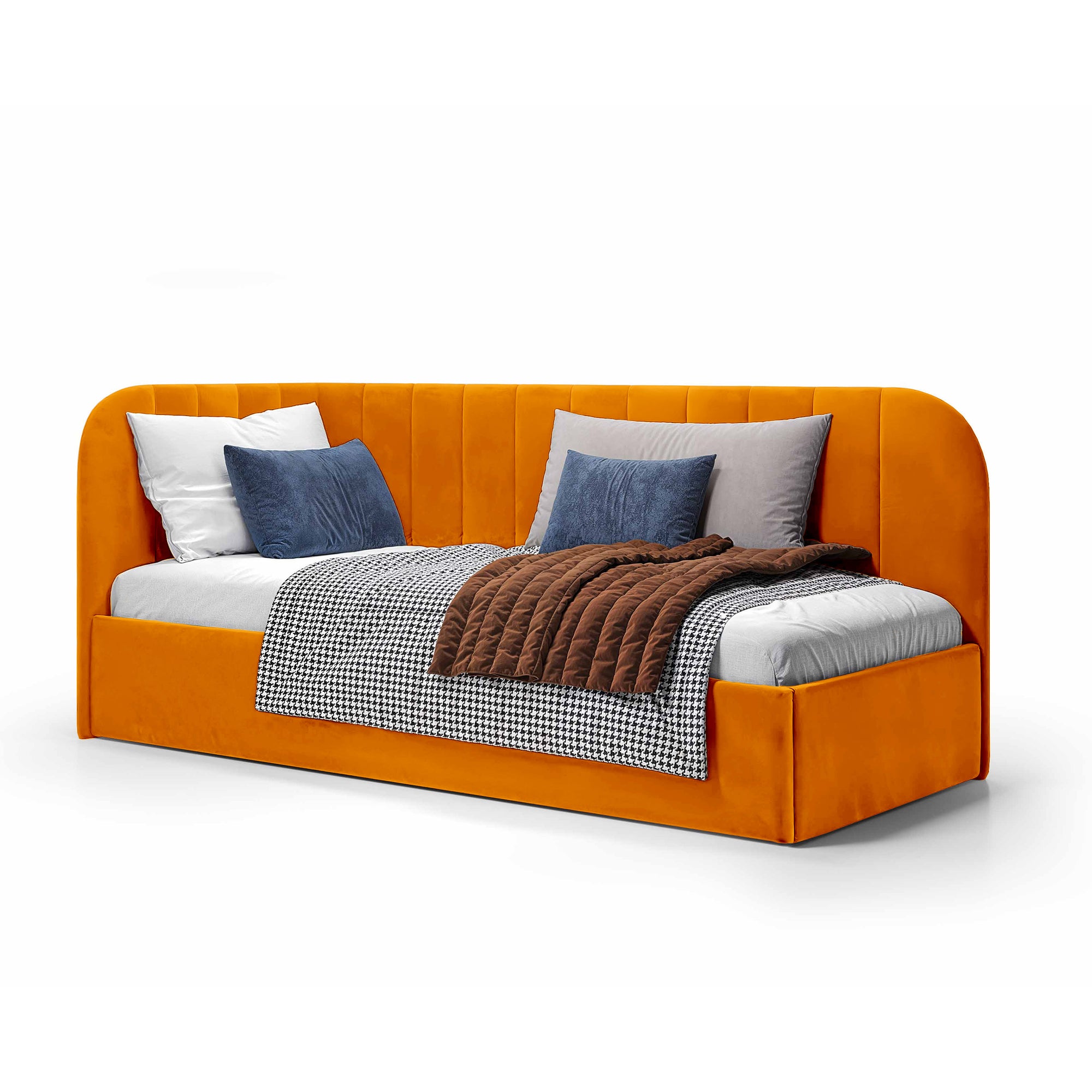 Łóżko narożne z pojemnikiem 101x212 w stylu skandynawskim – tapicerowane, miękkie zagłówki | Mily Prawo Mandarynkowy Blask (SALVADOR 10)