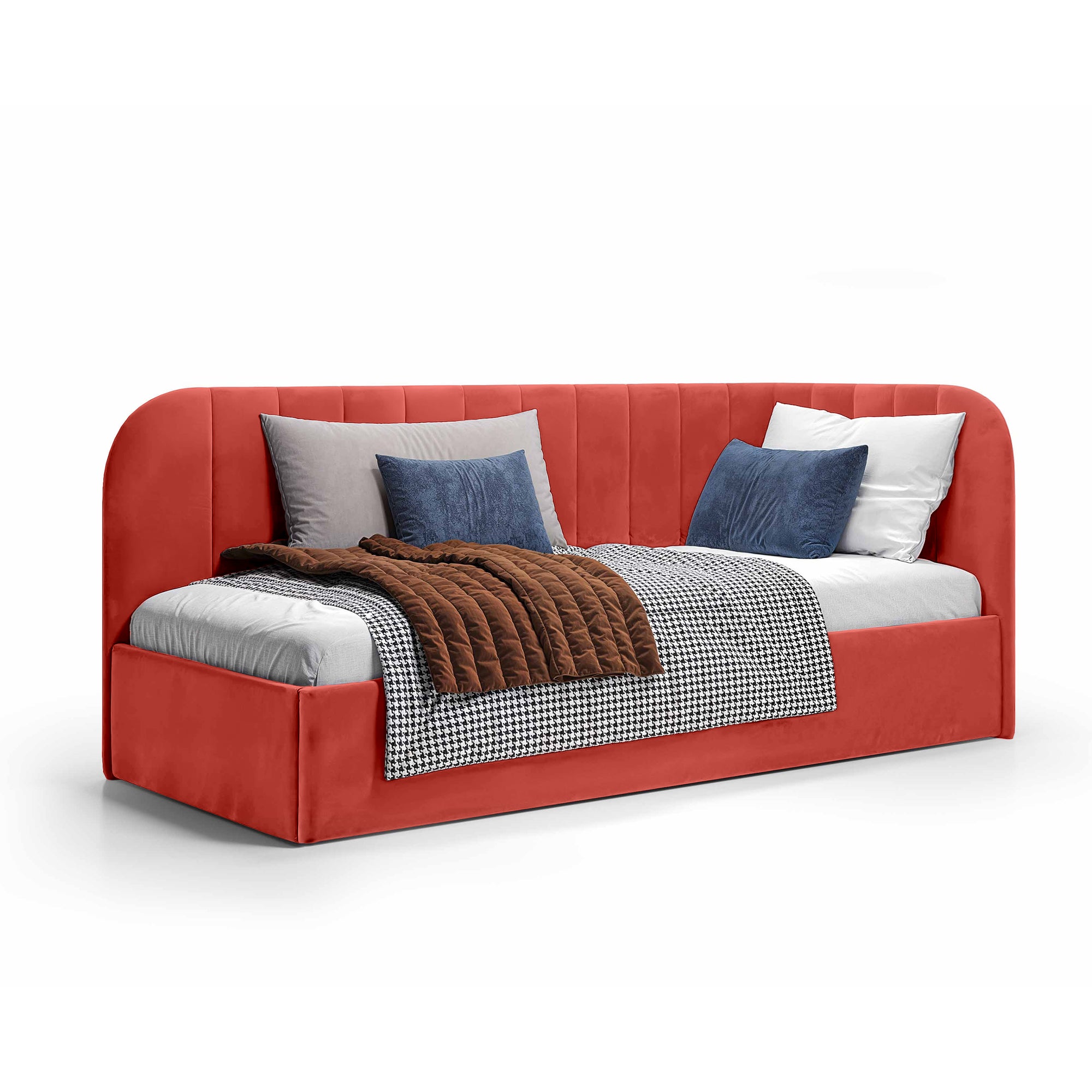 Łóżko narożne z pojemnikiem 101x212 w stylu skandynawskim – tapicerowane, miękkie zagłówki | Mily Lewo Korale Wschodu (SALVADOR 12)