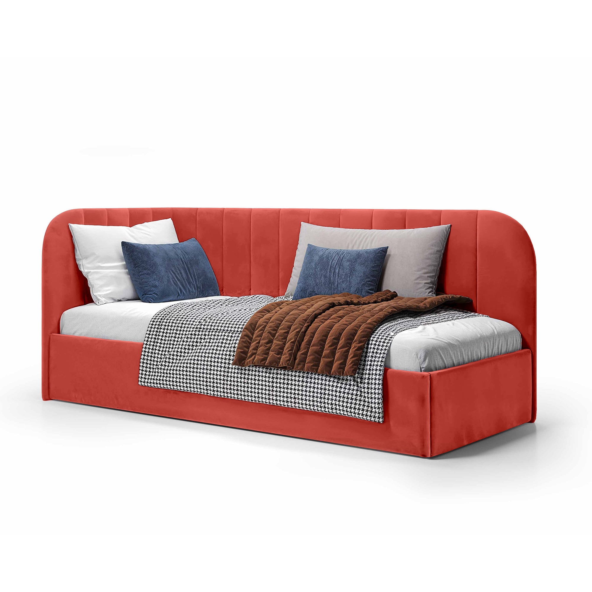 Łóżko narożne z pojemnikiem 101x212 w stylu skandynawskim – tapicerowane, miękkie zagłówki | Mily Prawo Korale Wschodu (SALVADOR 12)