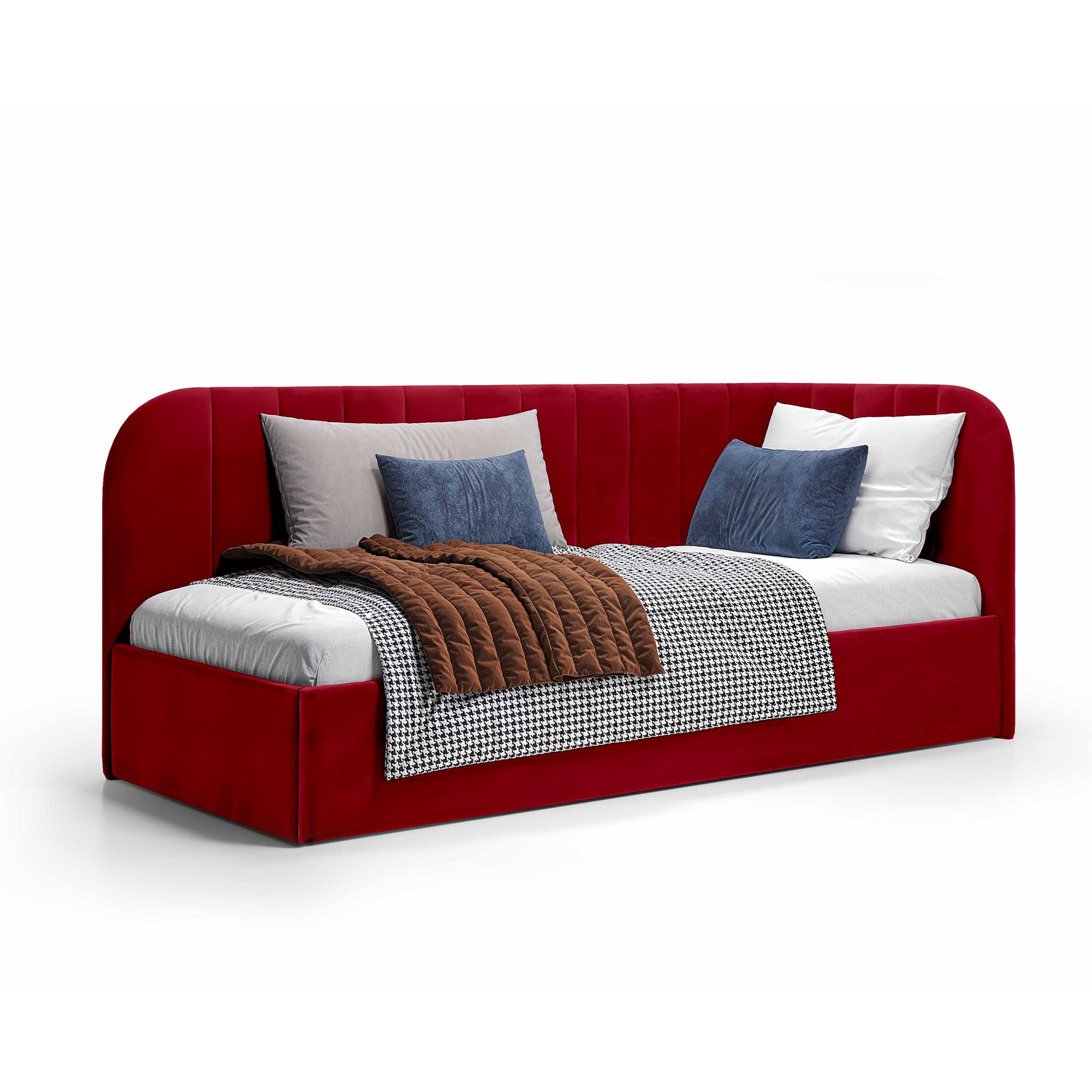 Łóżko narożne z pojemnikiem 101x212 w stylu skandynawskim – tapicerowane, miękkie zagłówki | Mily Lewo Winny Rubin (SALVADOR 13)