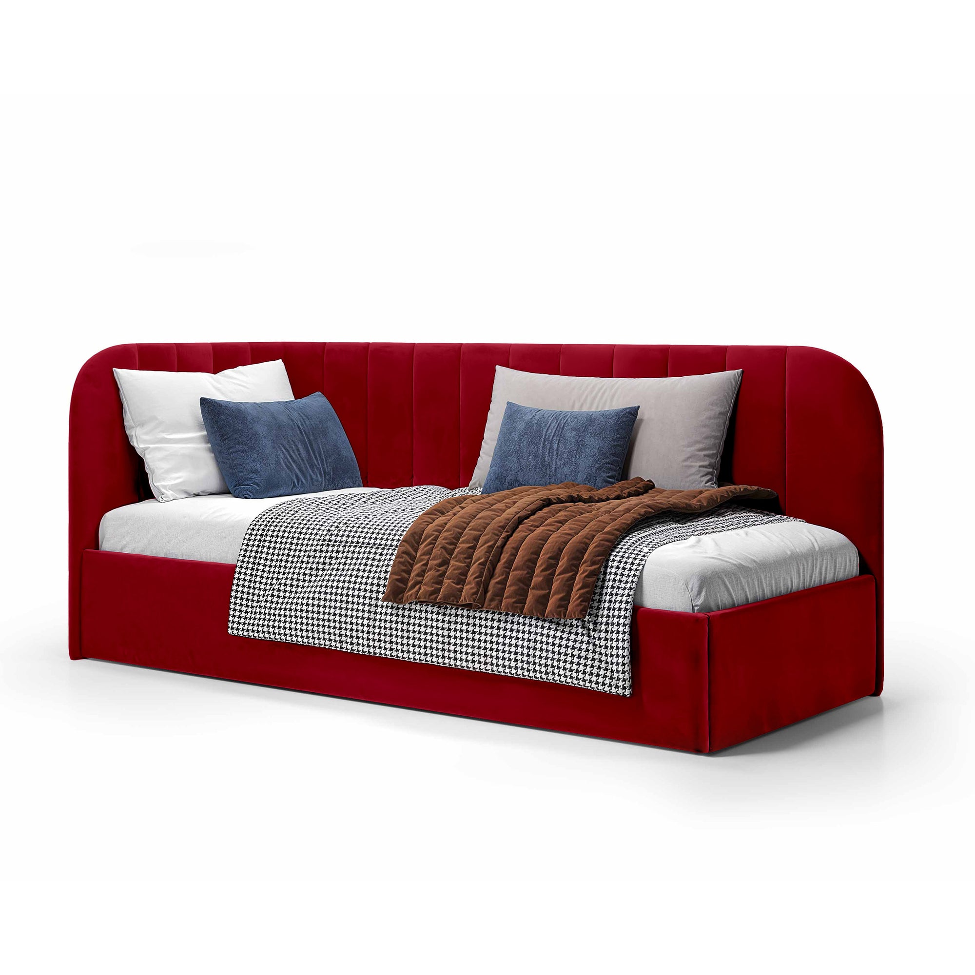 Łóżko narożne z pojemnikiem 101x212 w stylu skandynawskim – tapicerowane, miękkie zagłówki | Mily Prawo Winny Rubin (SALVADOR 13)