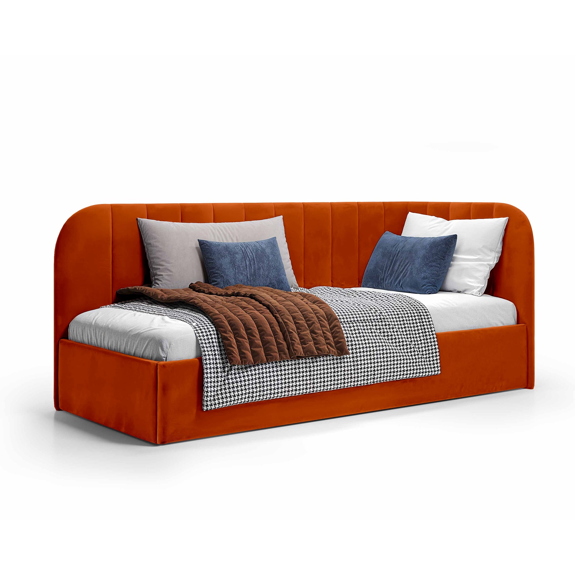 Łóżko narożne z pojemnikiem 101x212 w stylu skandynawskim – tapicerowane, miękkie zagłówki | Mily Lewo Miedziana Cegła (SALVADOR 14)