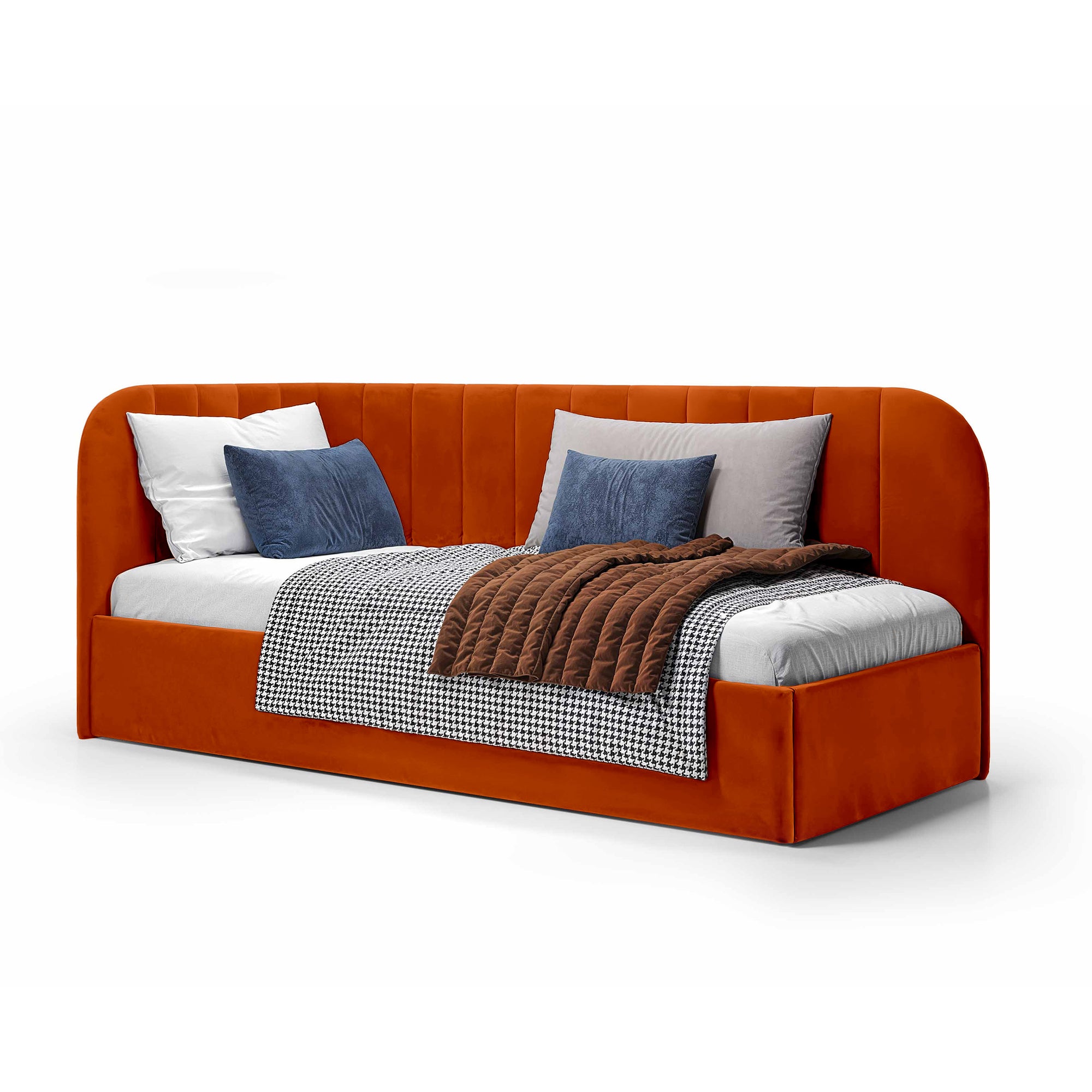 Łóżko narożne z pojemnikiem 101x212 w stylu skandynawskim – tapicerowane, miękkie zagłówki | Mily Prawo Miedziana Cegła (SALVADOR 14)