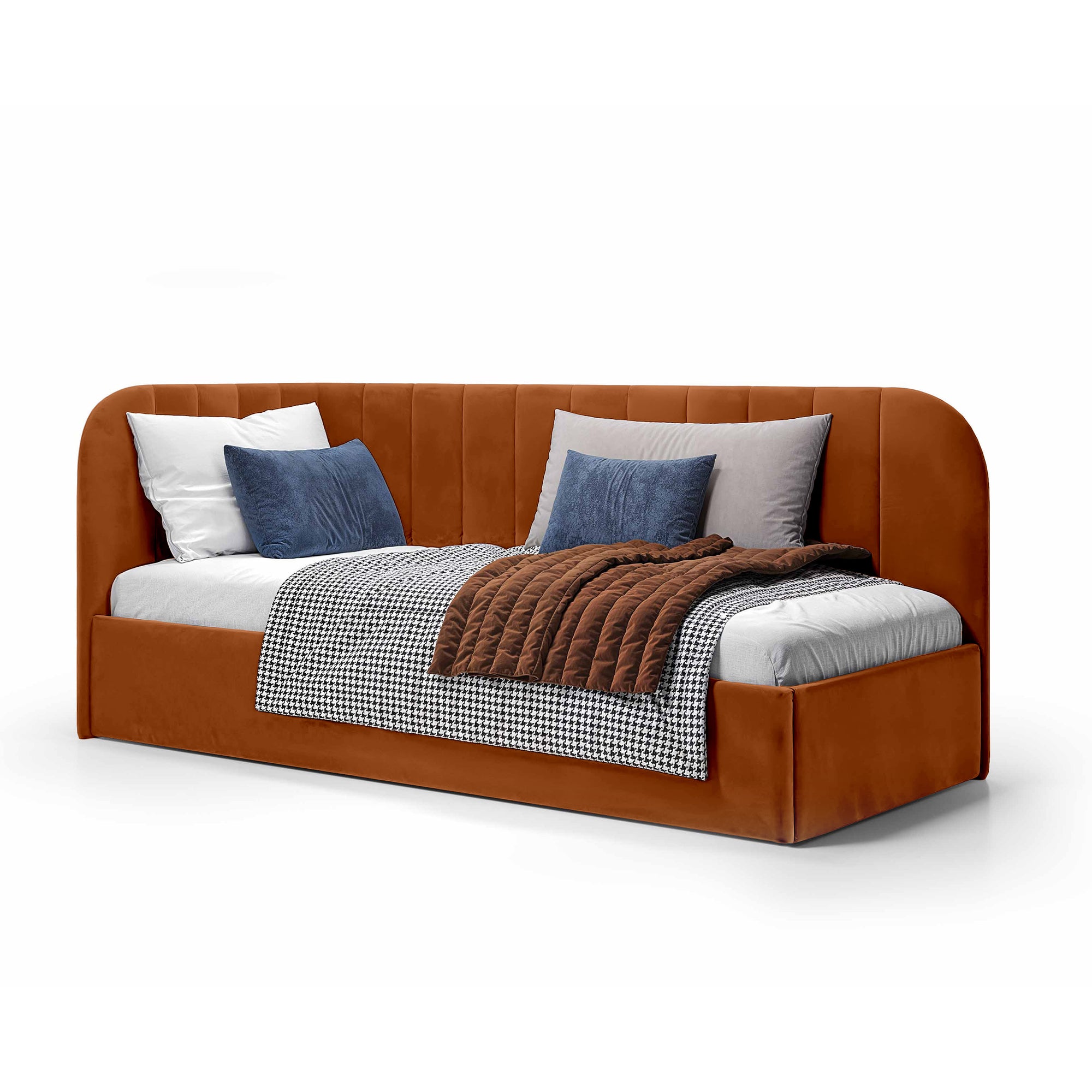 Łóżko narożne z pojemnikiem 101x212 w stylu skandynawskim – tapicerowane, miękkie zagłówki | Mily Prawo Jesienny Karmel (SALVADOR 15)