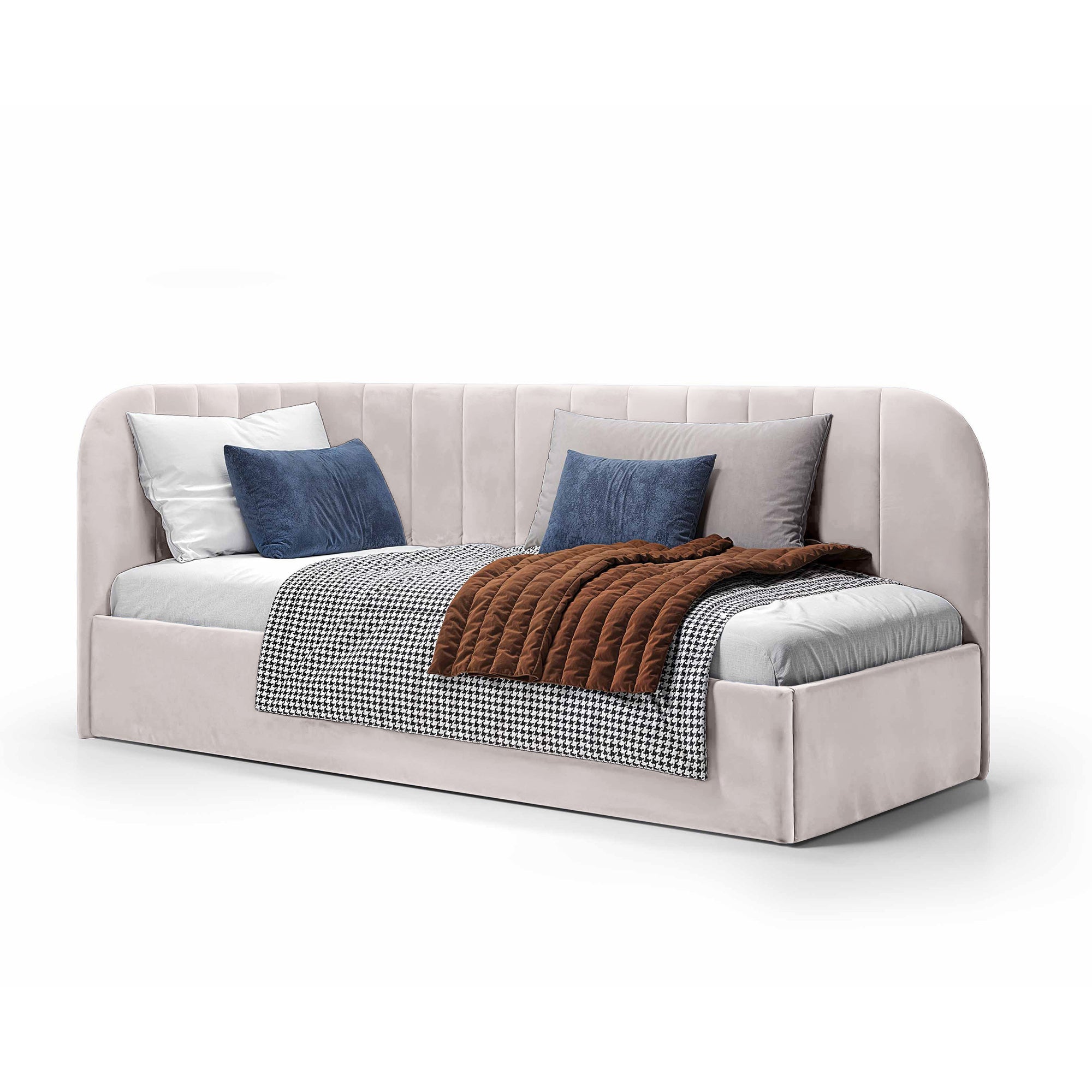 Łóżko narożne z pojemnikiem 101x212 w stylu skandynawskim – tapicerowane, miękkie zagłówki | Mily Prawo Alabastrowa Poświata (SALVADOR 16)