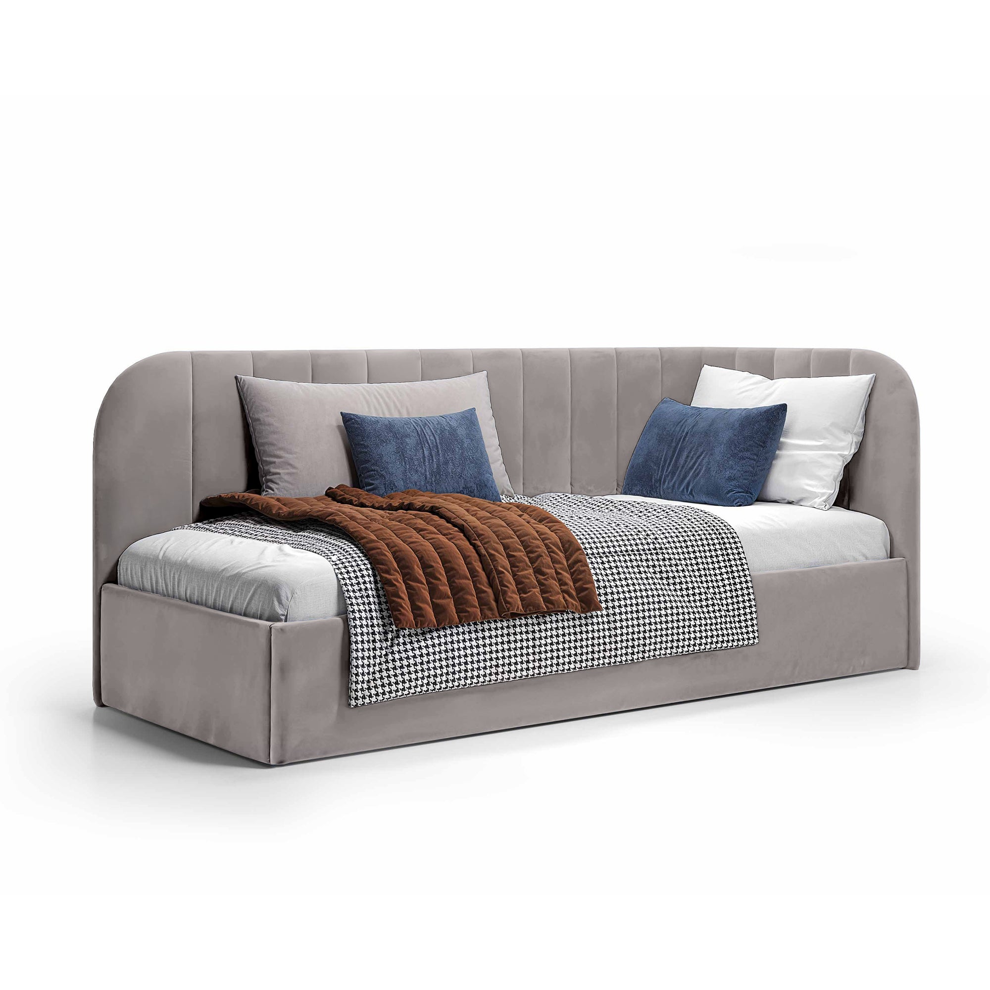 Łóżko narożne z pojemnikiem 101x212 w stylu skandynawskim – tapicerowane, miękkie zagłówki | Mily Lewo Popielisty Beż (SALVADOR 17)