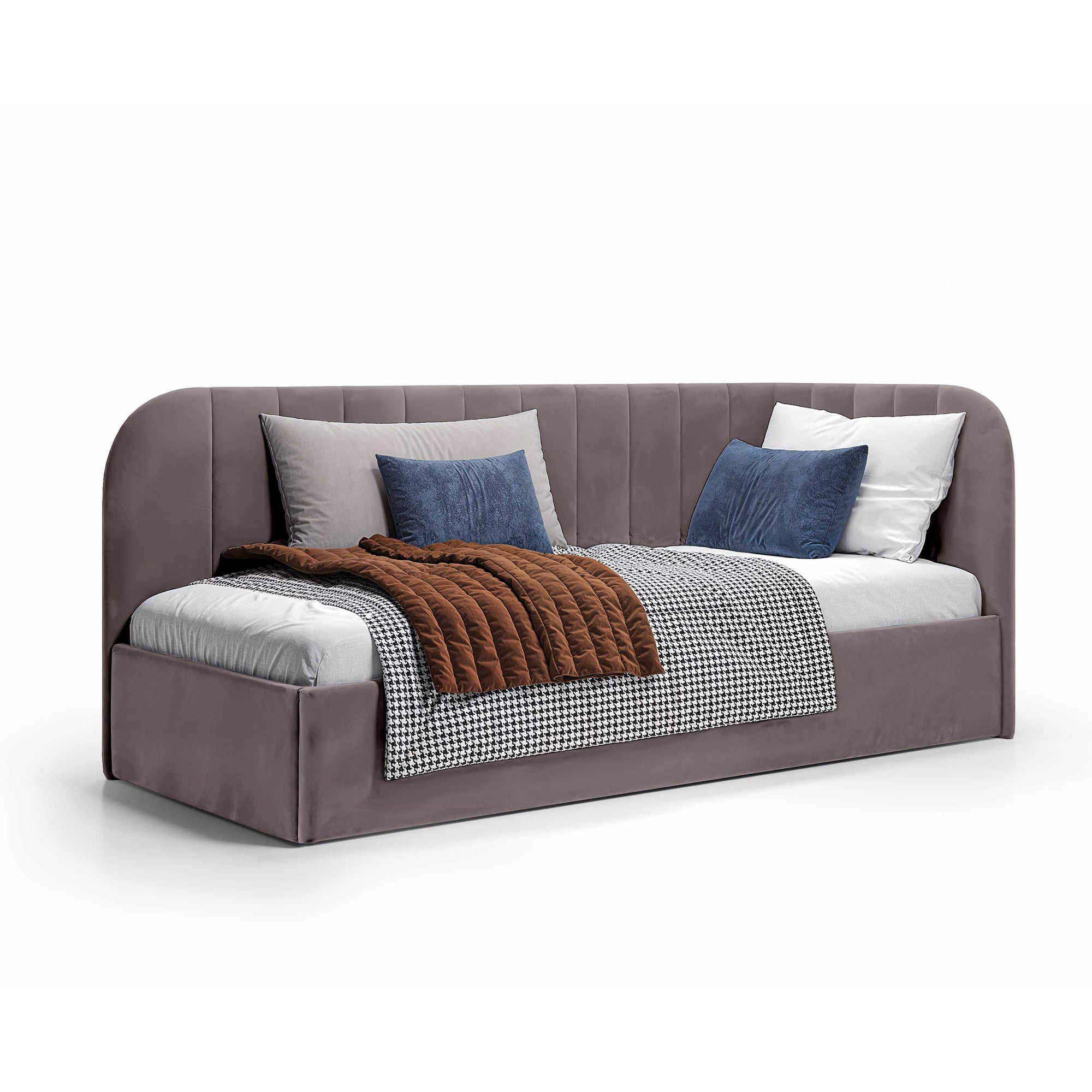 Łóżko narożne z pojemnikiem 101x212 w stylu skandynawskim – tapicerowane, miękkie zagłówki | Mily Lewo Szarość Pumeksu (SALVADOR 18)