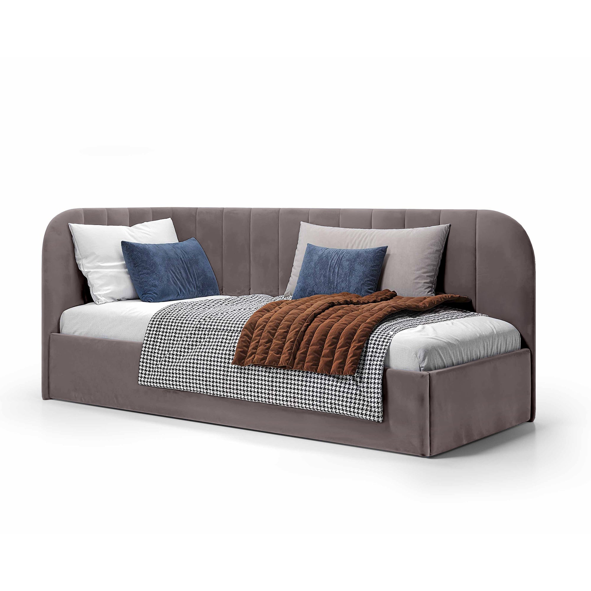 Łóżko narożne z pojemnikiem 101x212 w stylu skandynawskim – tapicerowane, miękkie zagłówki | Mily Prawo Szarość Pumeksu (SALVADOR 18)