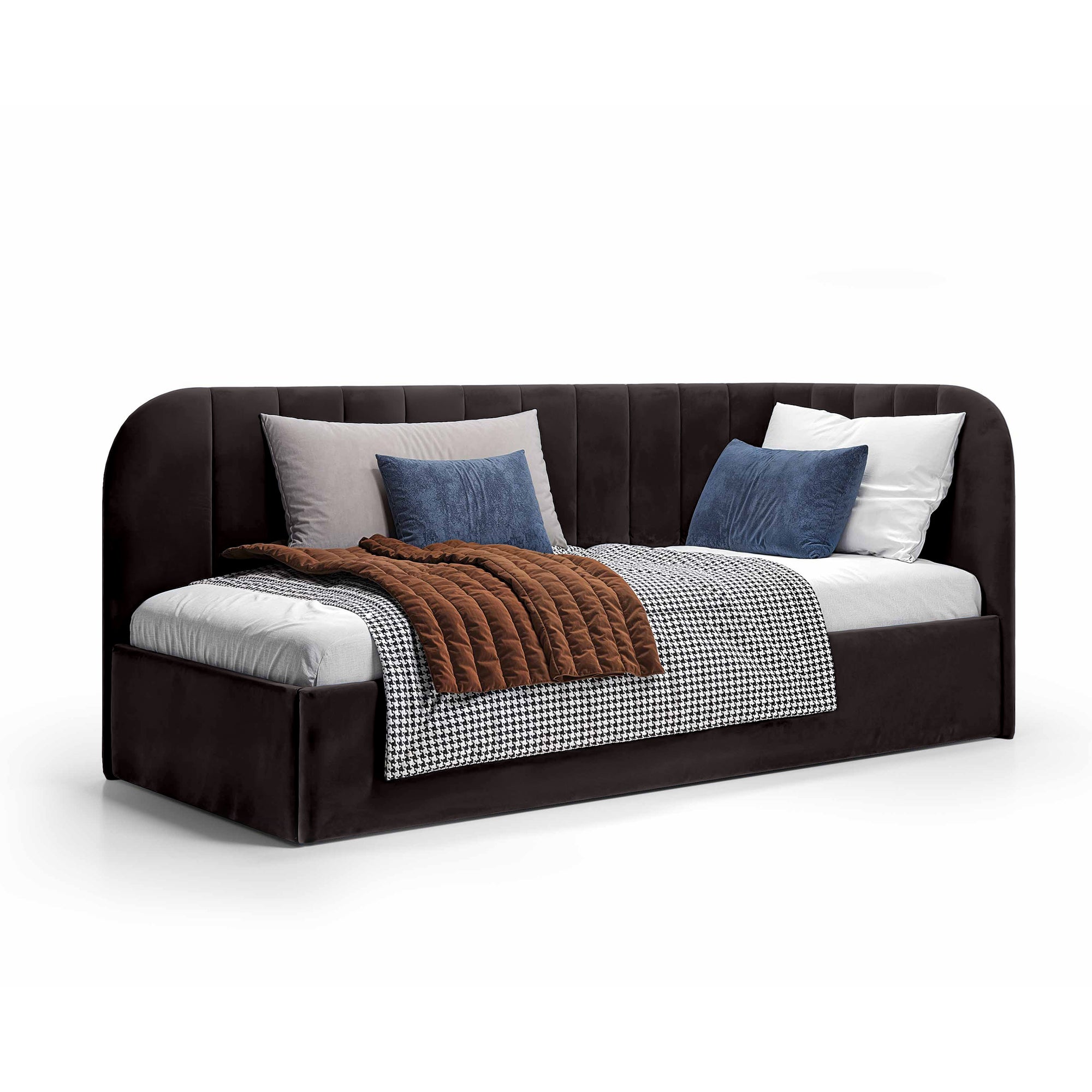 Łóżko narożne z pojemnikiem 101x212 w stylu skandynawskim – tapicerowane, miękkie zagłówki | Mily Lewo Bazaltowa Czerń (SALVADOR 19)