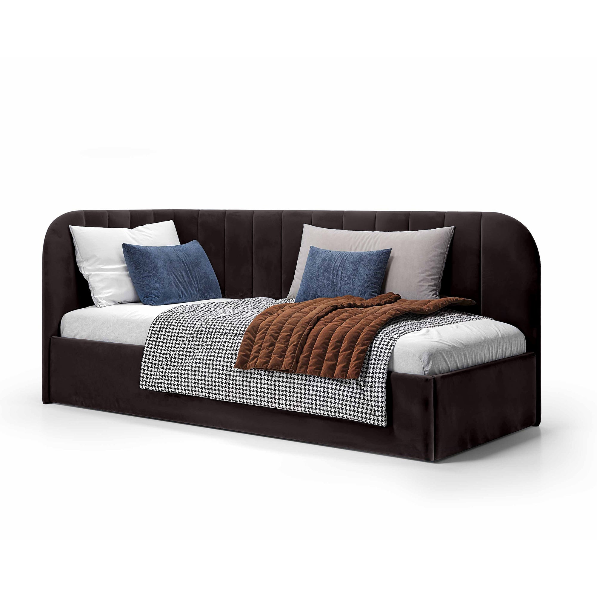 Łóżko narożne z pojemnikiem 101x212 w stylu skandynawskim – tapicerowane, miękkie zagłówki | Mily Prawo Bazaltowa Czerń (SALVADOR 19)