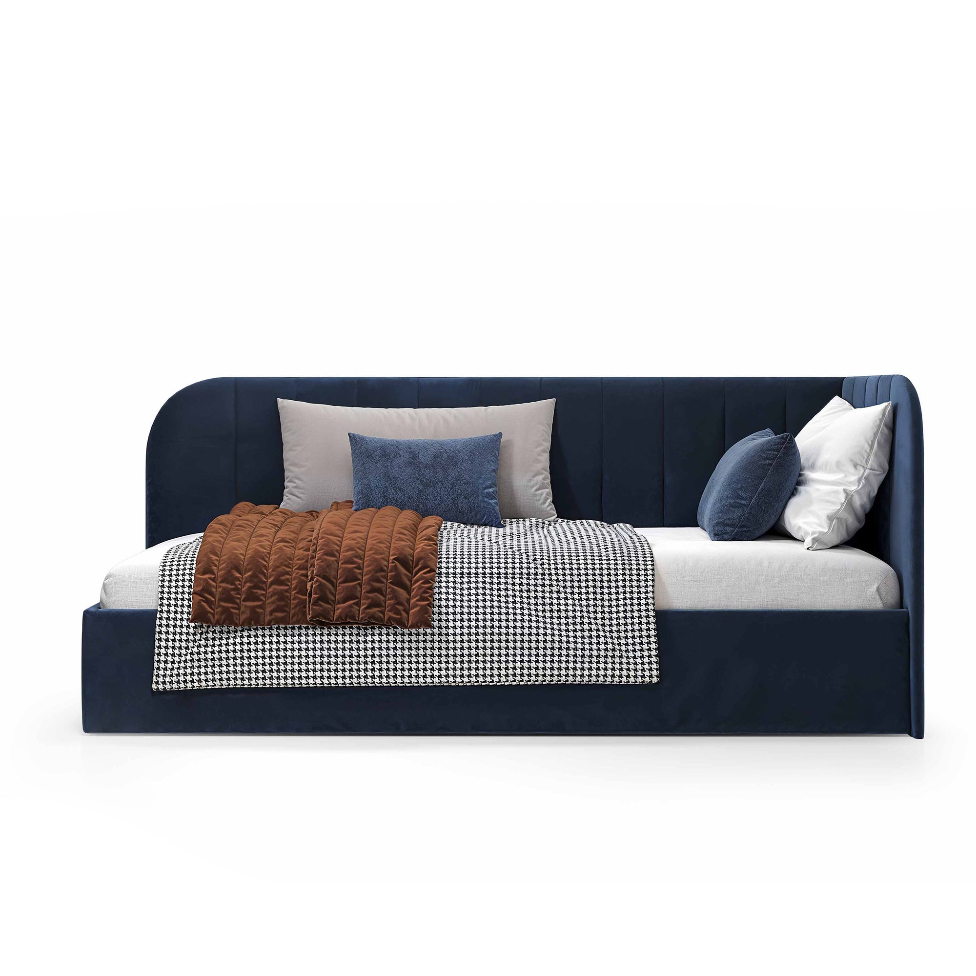 Łóżko narożne z pojemnikiem 101x212 w stylu skandynawskim – tapicerowane, miękkie zagłówki | Mily