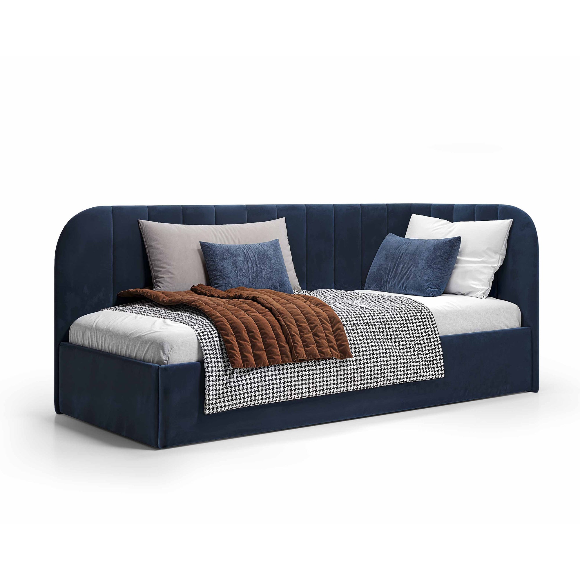 Łóżko narożne z pojemnikiem 101x212 w stylu skandynawskim – tapicerowane, miękkie zagłówki | Mily