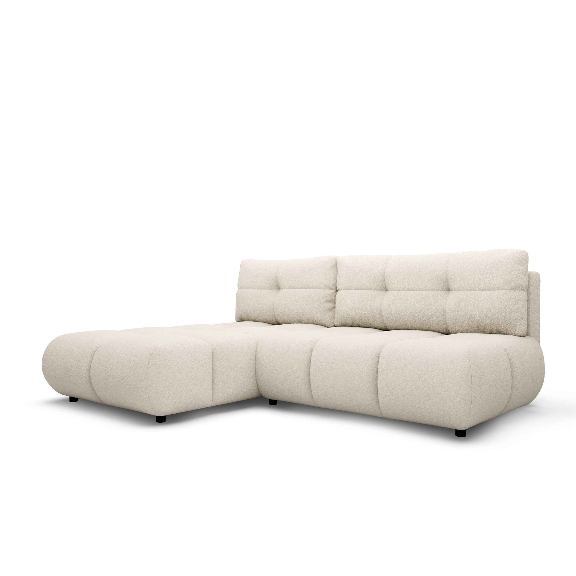 Narożnik z funkcją spania DL 230 cm w stylu nowoczesnym – pianka PUR, pojemnik na pościel | Milorya Lniany Kamień (NOW OR NEVER 03)