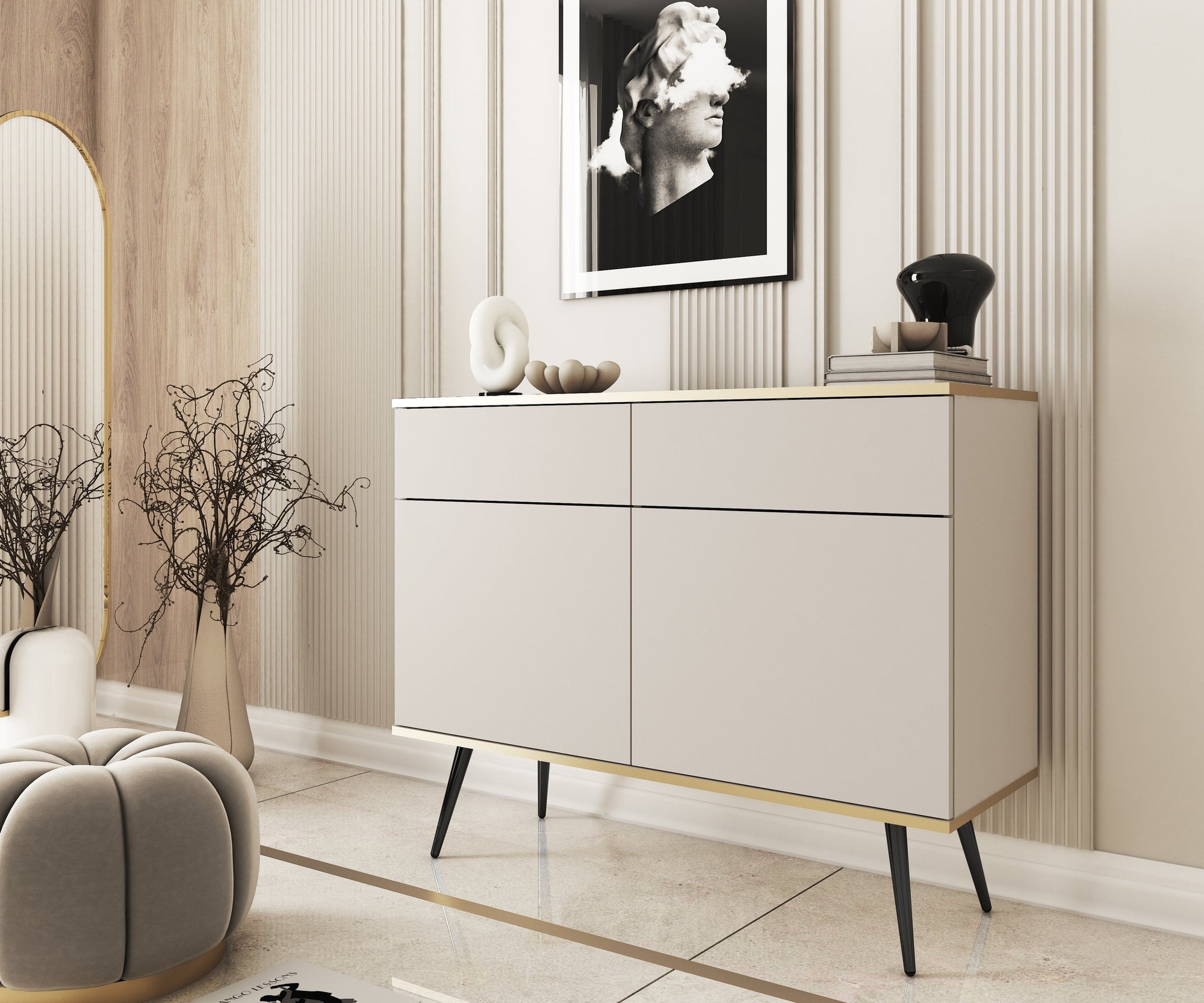 Komoda 107x85 w stylu glamour - bezuchwytowe fronty, push-to-open, złote detale | Meva