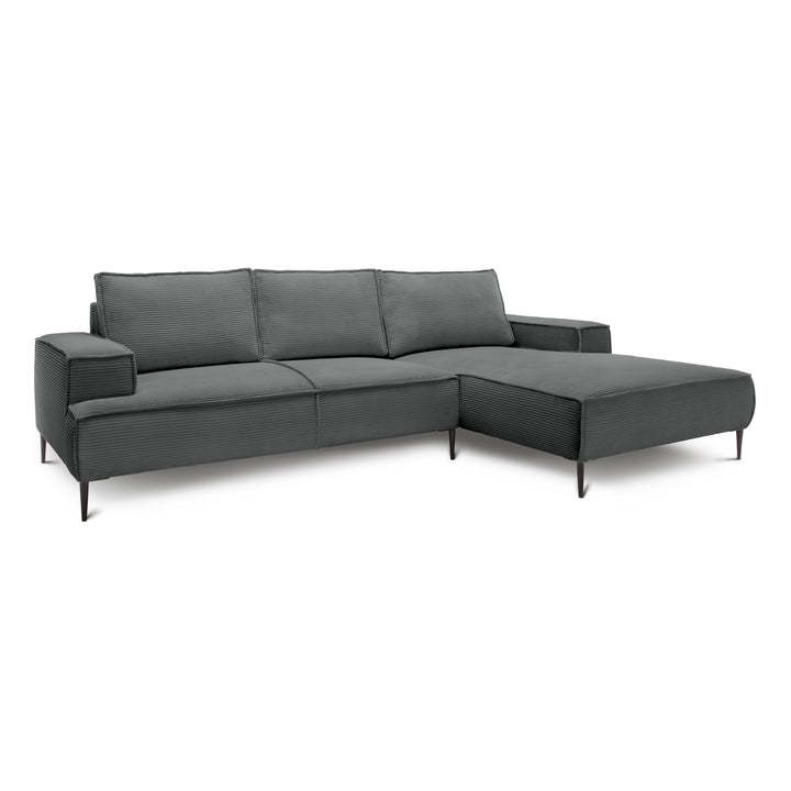 Narożnik 3-osobowy 275 cm w stylu modern classic – tkanina POSO, pianka T35 | May Cynk (POSO 115) Prawostronny