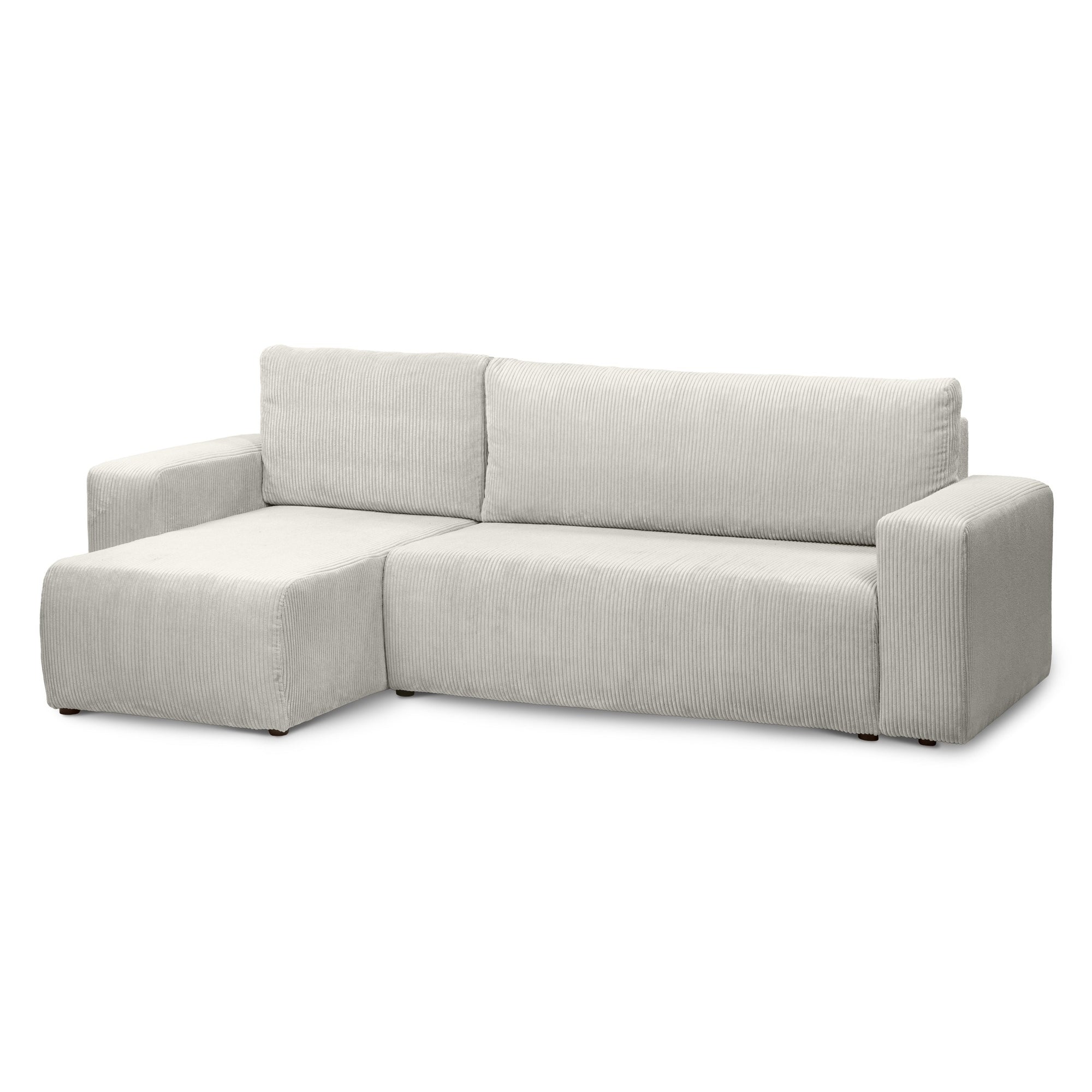 Narożnik uniwersalny z funkcją spania 3-osobowy 200x142–154 w stylu loft – sztruks POSO, pojemnik na pościel, mechanizm DL | Kingi Lniany Krem (POSO 100) Uniwersalny