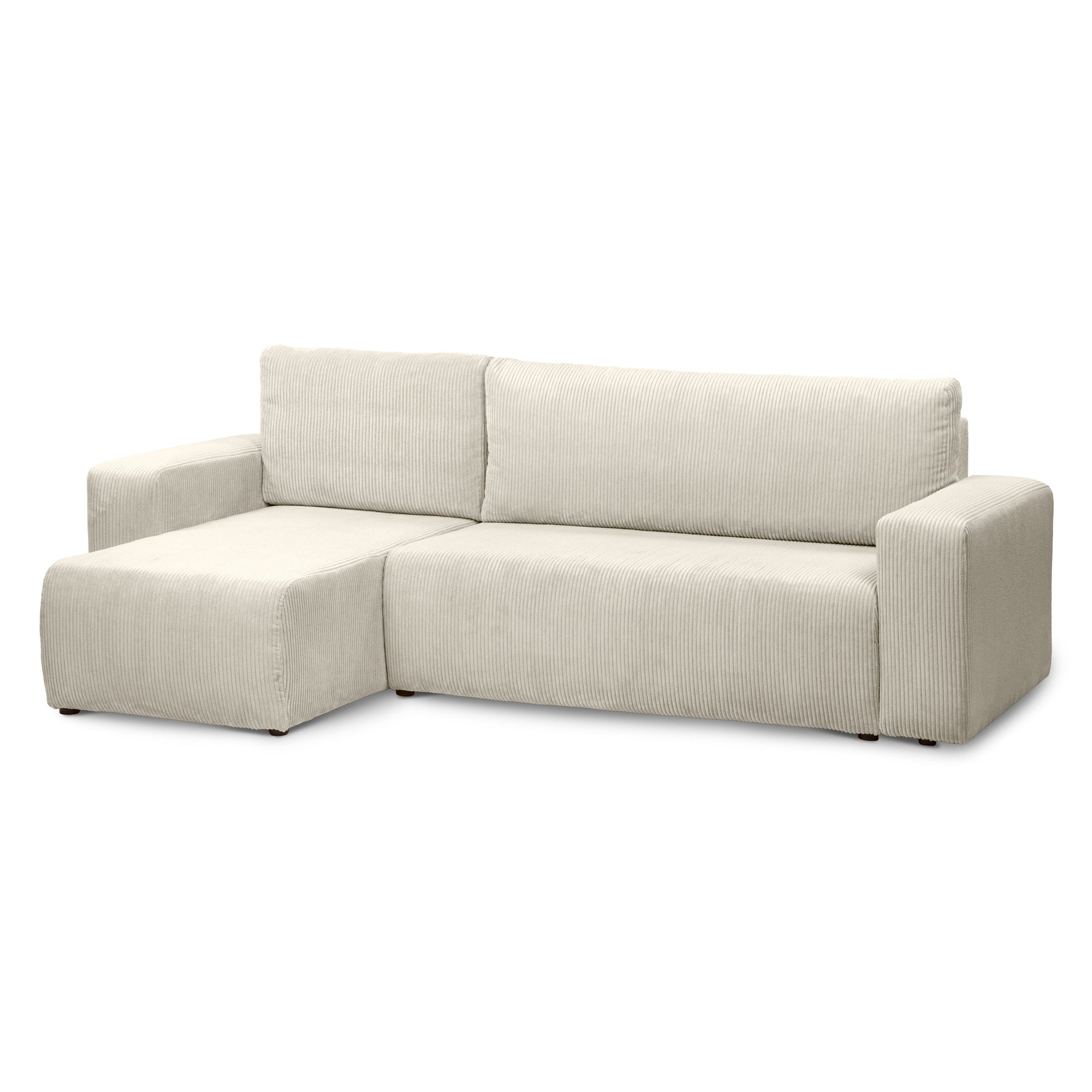 Narożnik uniwersalny z funkcją spania 3-osobowy 200x142–154 w stylu loft – sztruks POSO, pojemnik na pościel, mechanizm DL | Kingi Kość Słoniowa (POSO 105) Uniwersalny