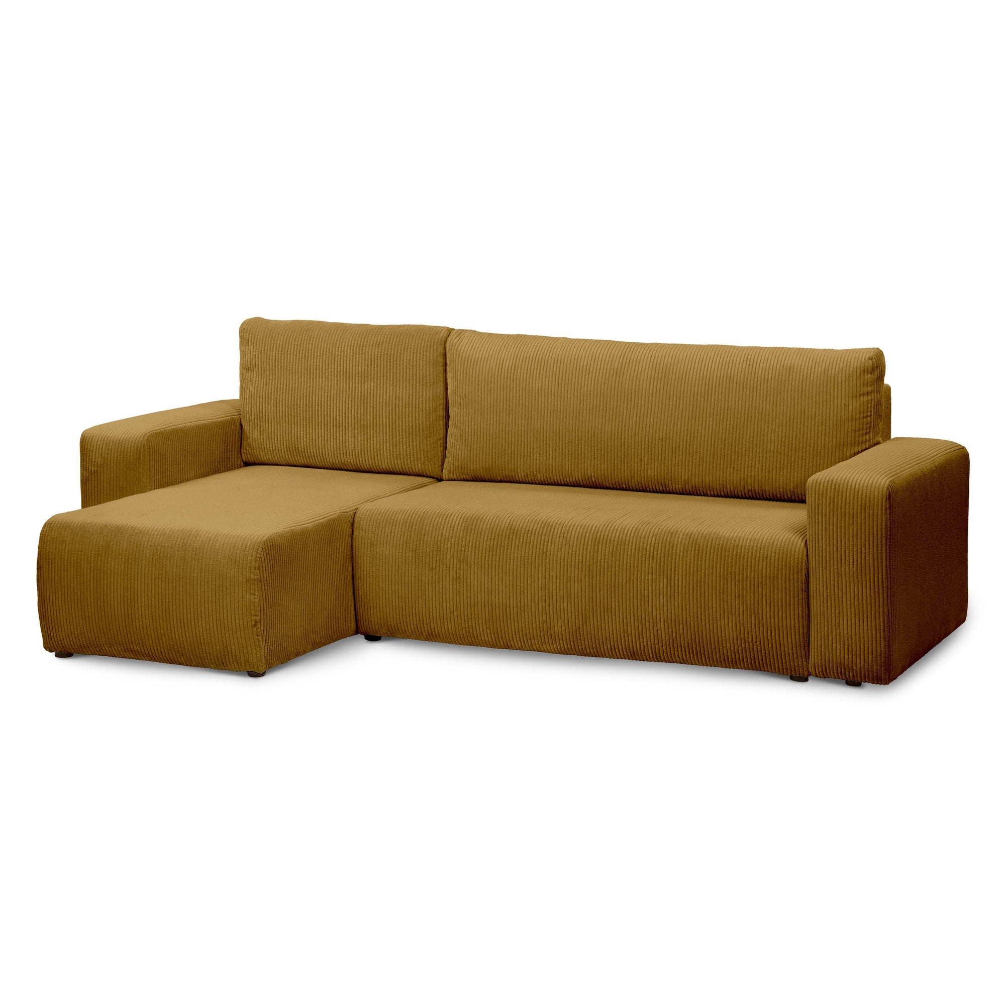 Narożnik uniwersalny z funkcją spania 3-osobowy 200x142–154 w stylu loft – sztruks POSO, pojemnik na pościel, mechanizm DL | Kingi Złocisty Orzech (POSO 01) Uniwersalny