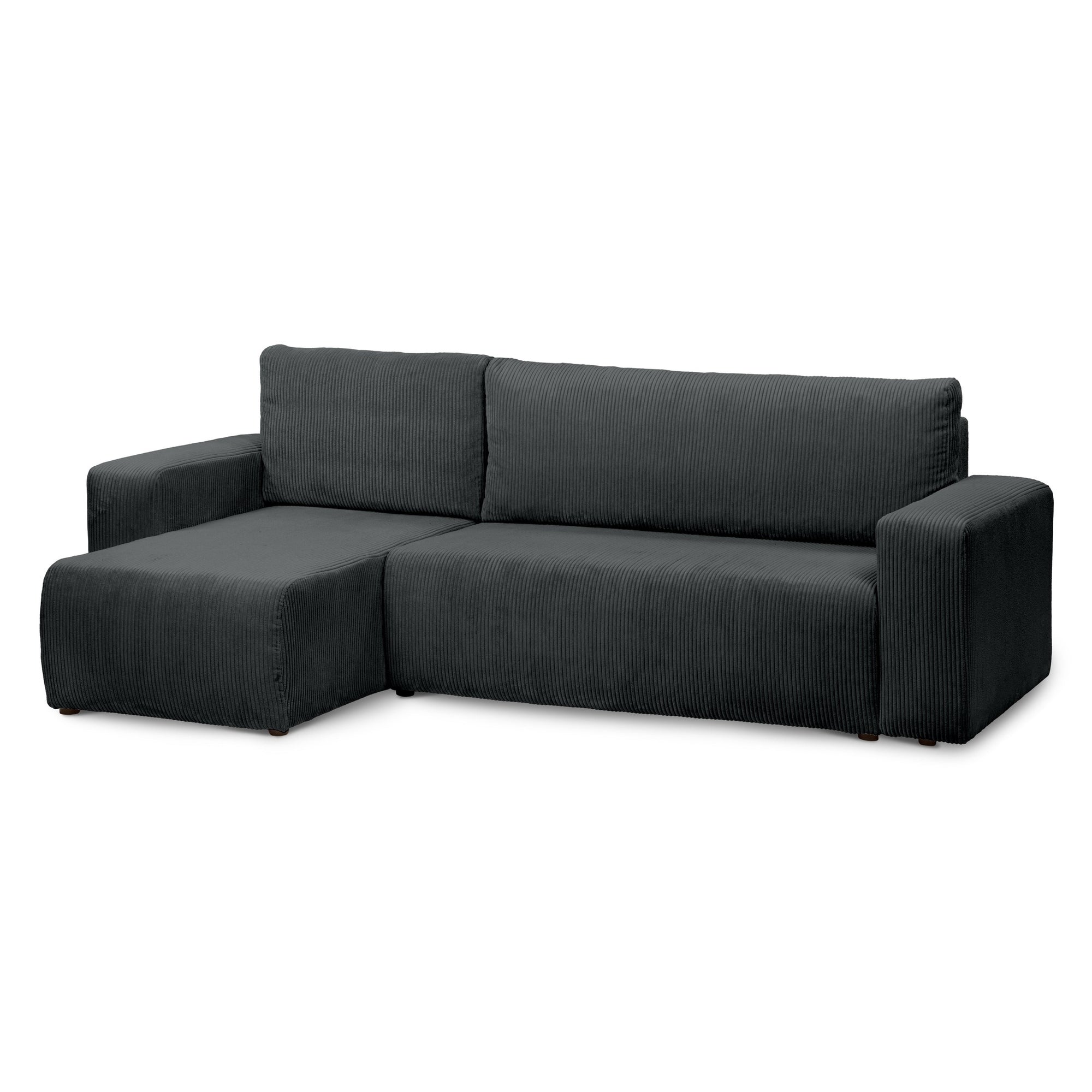 Narożnik uniwersalny z funkcją spania 3-osobowy 200x142–154 w stylu loft – sztruks POSO, pojemnik na pościel, mechanizm DL | Kingi Antracyt (POSO 34) Uniwersalny