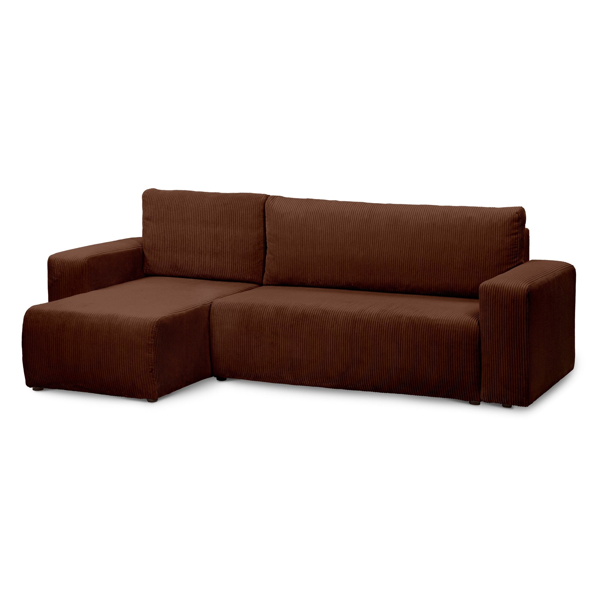 Narożnik uniwersalny z funkcją spania 3-osobowy 200x142–154 w stylu loft – sztruks POSO, pojemnik na pościel, mechanizm DL | Kingi Espresso (POSO 39) Uniwersalny