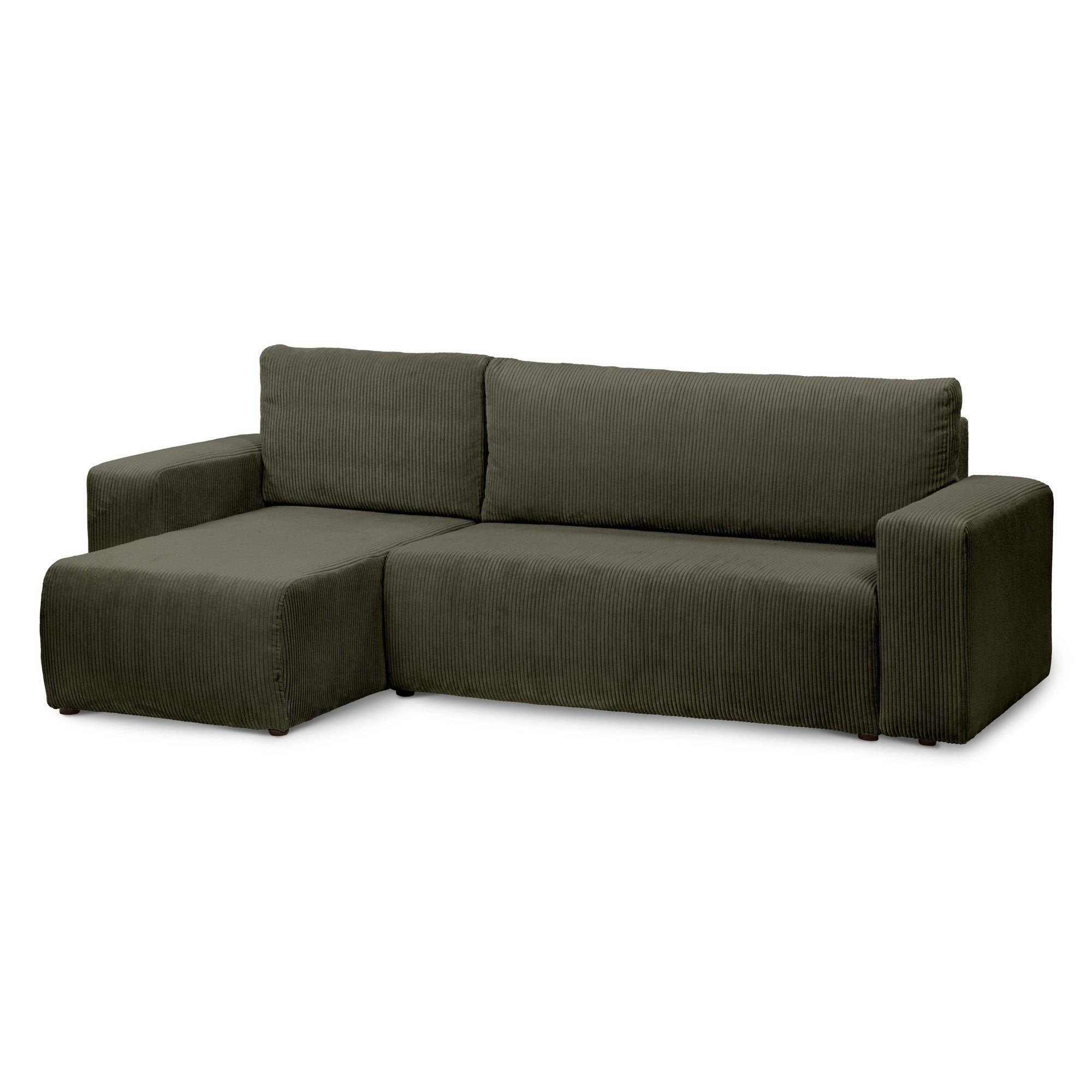 Narożnik uniwersalny z funkcją spania 3-osobowy 200x142–154 w stylu loft – sztruks POSO, pojemnik na pościel, mechanizm DL | Kingi Zielony Dąb (POSO 46) Uniwersalny