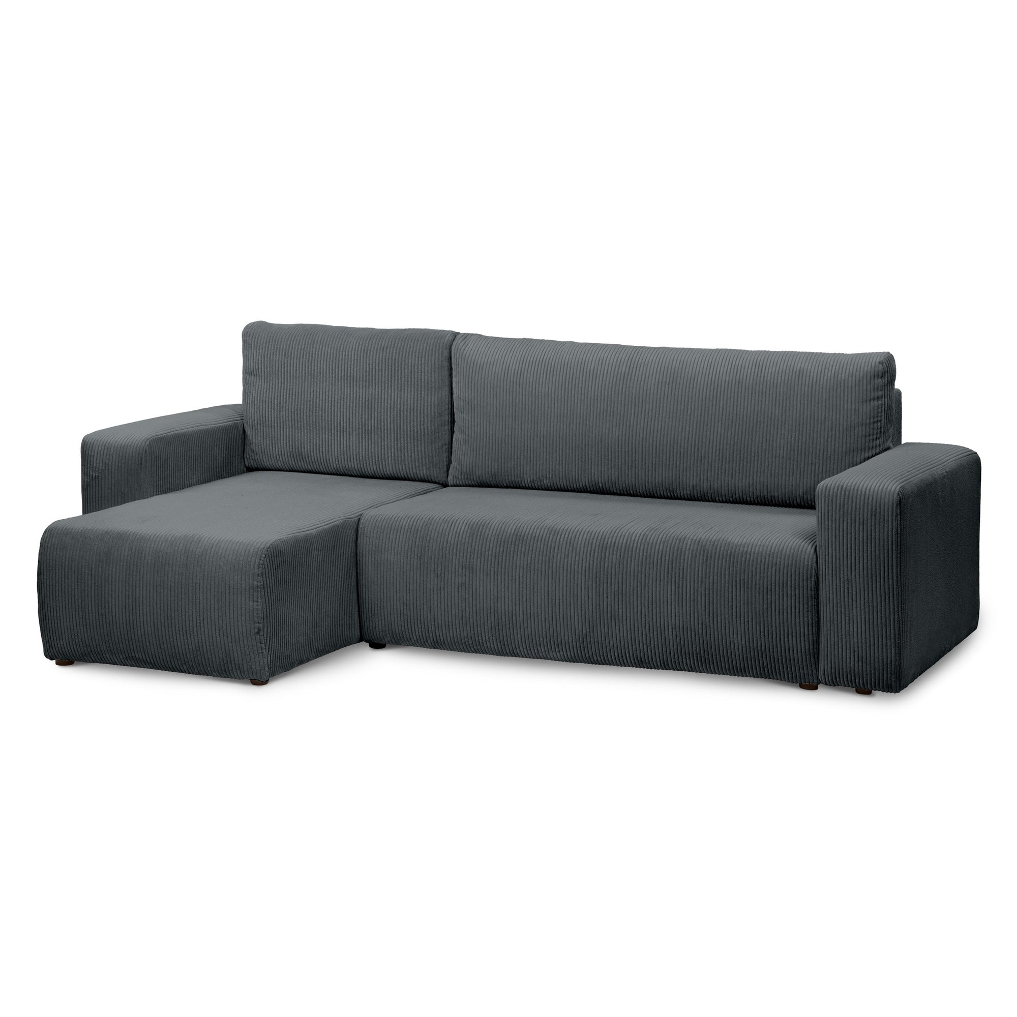 Narożnik uniwersalny z funkcją spania 3-osobowy 200x142–154 w stylu loft – sztruks POSO, pojemnik na pościel, mechanizm DL | Kingi Grafitowy Mech (POSO 60) Uniwersalny