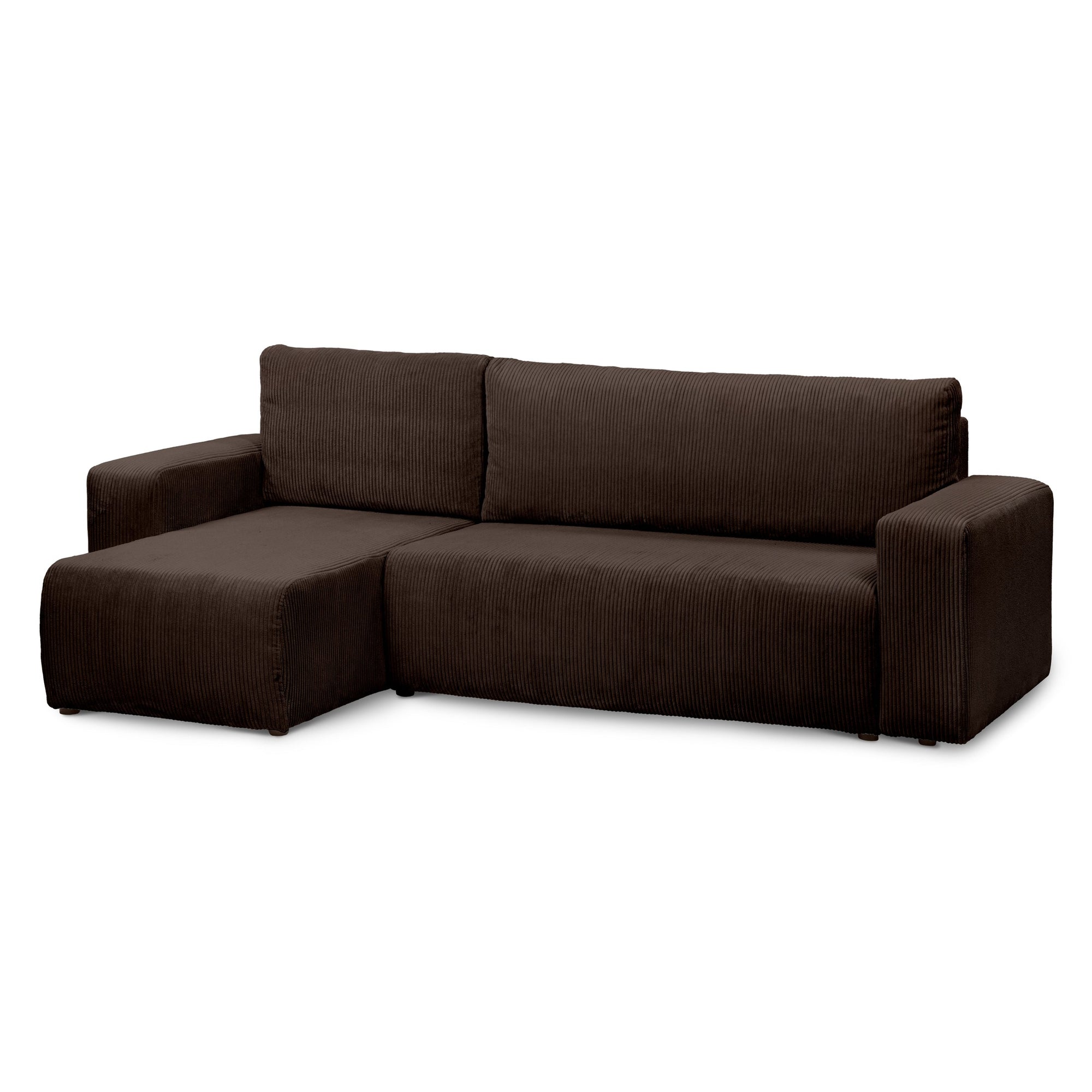 Narożnik uniwersalny z funkcją spania 3-osobowy 200x142–154 w stylu loft – sztruks POSO, pojemnik na pościel, mechanizm DL | Kingi Ciemny Orzech (POSO 06) Uniwersalny