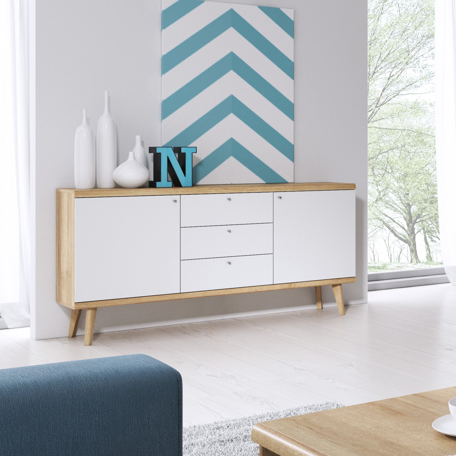 Komoda 160x83 w stylu skandynawskim - drewniane skośne nogi, metalowe uchwyty, szeroka forma | Lato