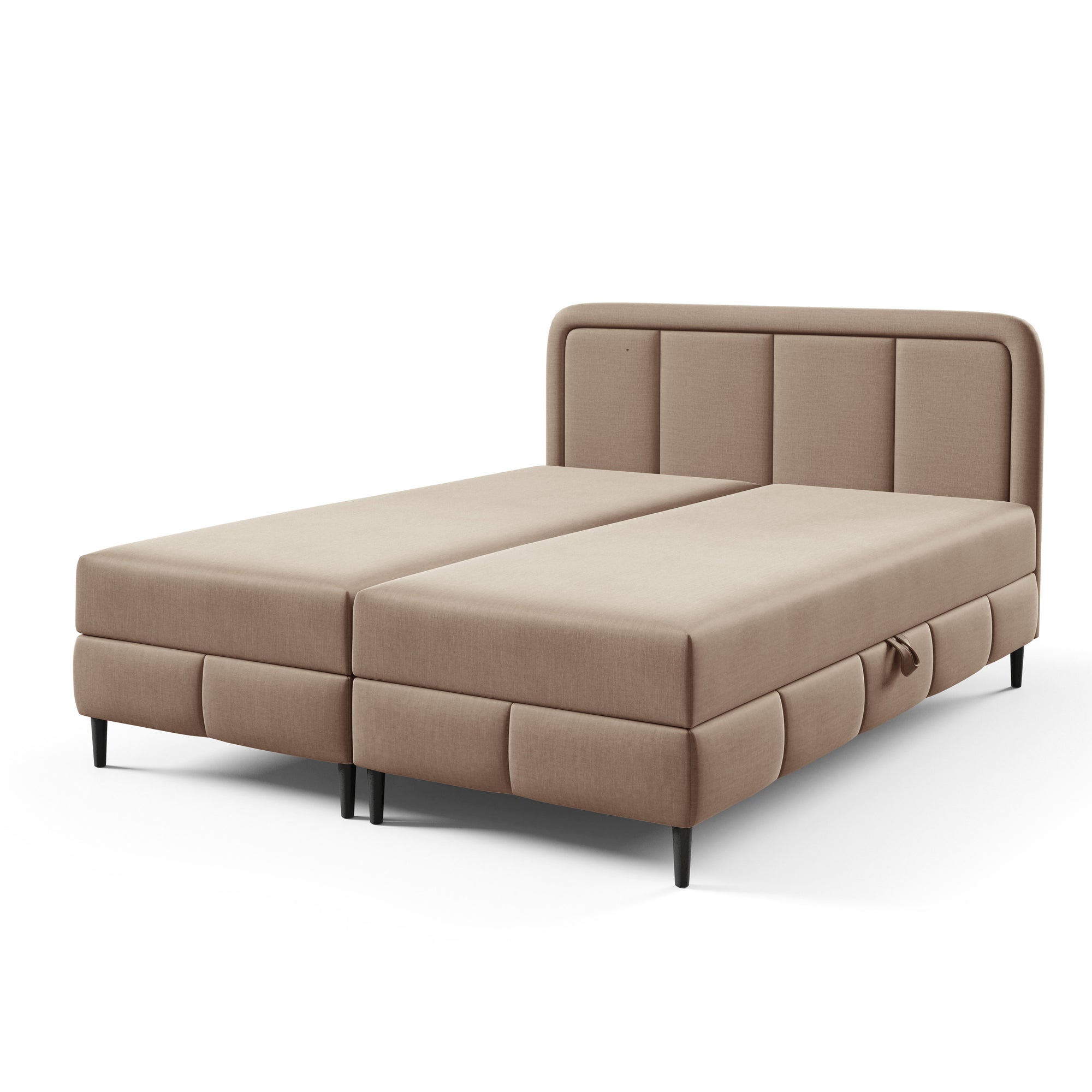 Łóżko kontynentalne z pojemnikiem – wysoki zagłówek, 2 pojemniki na pościel | Pole 200 Taupe Piaskowy (ROUGE 03)