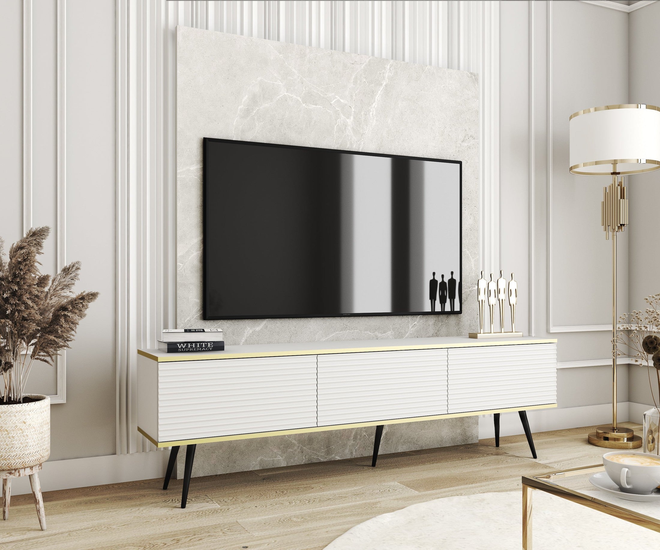 Szafka RTV 175x30 ze złotymi akcentami | Meva